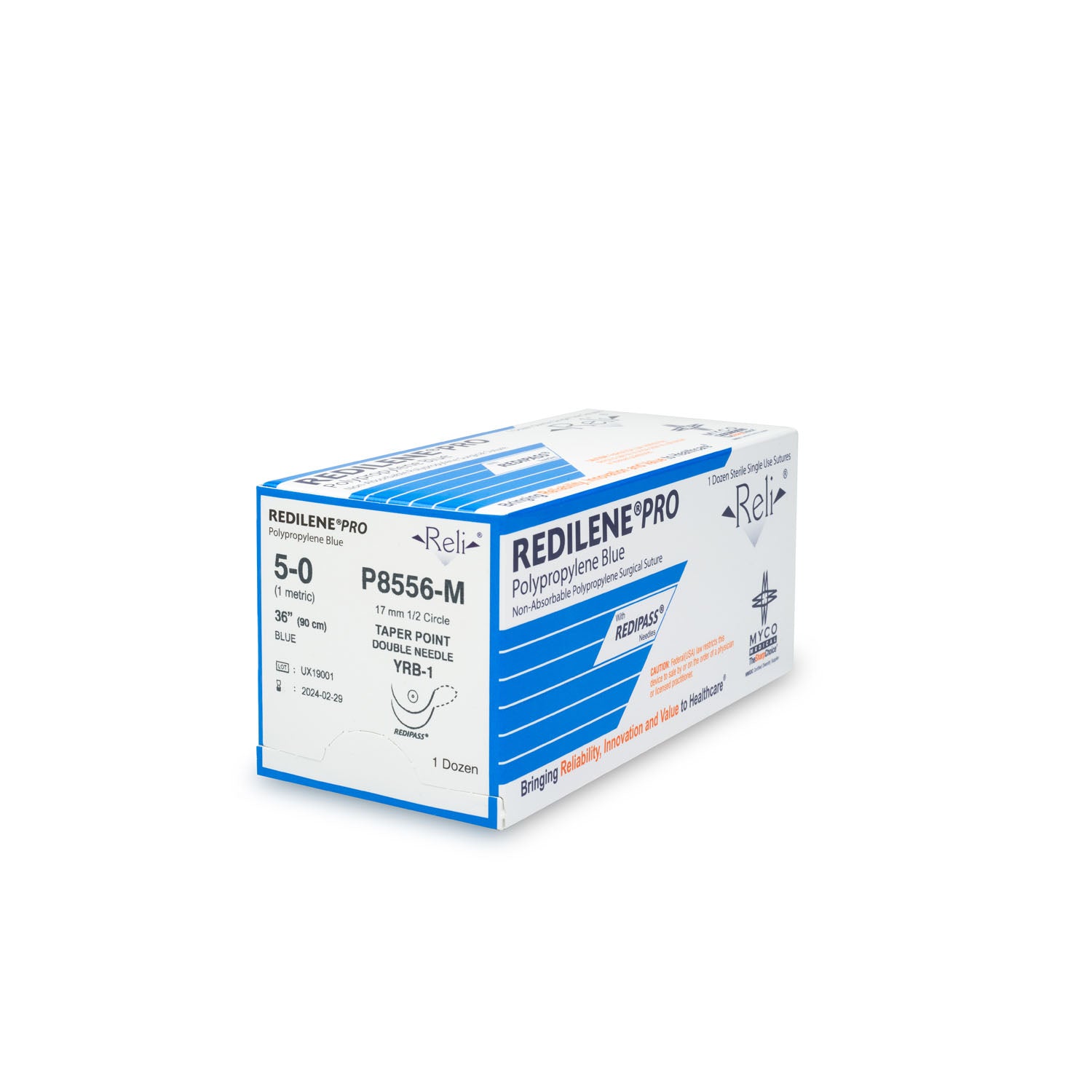 P8556-M - Myco Medical - 縫線,5-0,Redilene,藍色,單絲,36英寸,YRB-1,12條/盒(僅限美國),盒