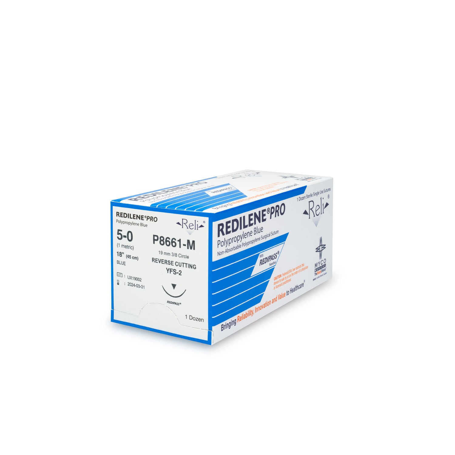 P8661-M - Myco Medical - 縫線,5-0,Redilene,藍色,單絲,18”,YFS-2,12/盒(僅限美國),盒