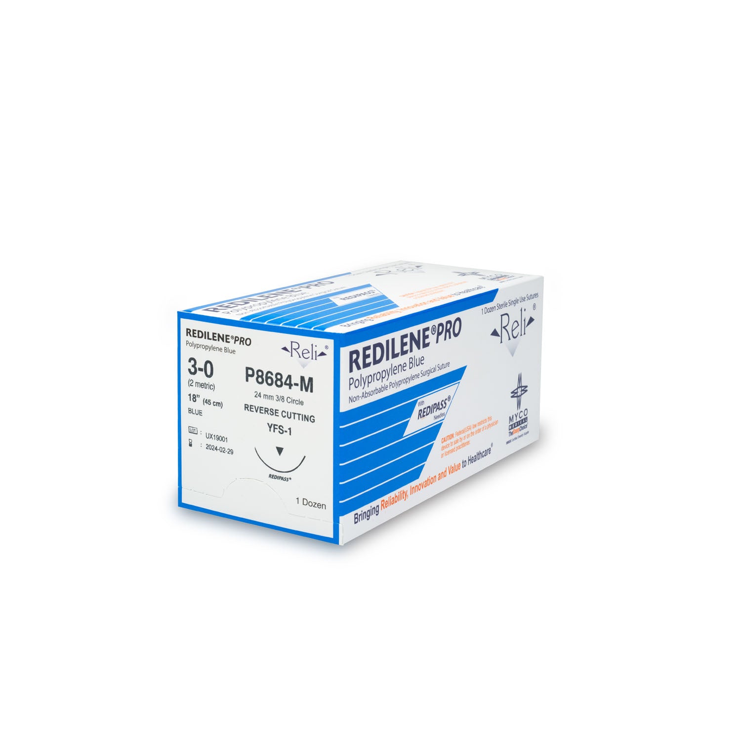 P8684-M - Myco Medical - 縫線,3-0,Redilene,藍色,單絲,18”,YFS-1,12/盒(僅限美國),盒