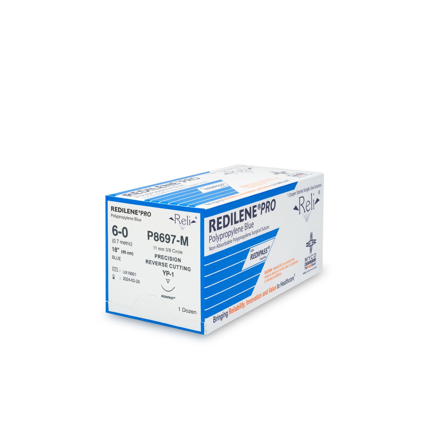 P8697-M - Myco Medical - 縫線,6-0,Redilene,藍色,單絲,18英寸,YP-1,12條/盒(僅限美國),盒
