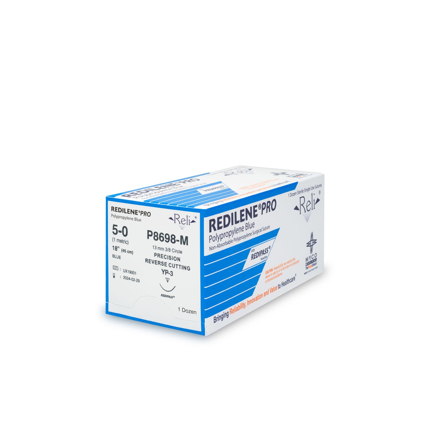 P8698-M - Myco Medical - 縫線,5-0,Redilene,藍色,單絲,18英寸,YP-3,12條/盒(僅限美國),盒
