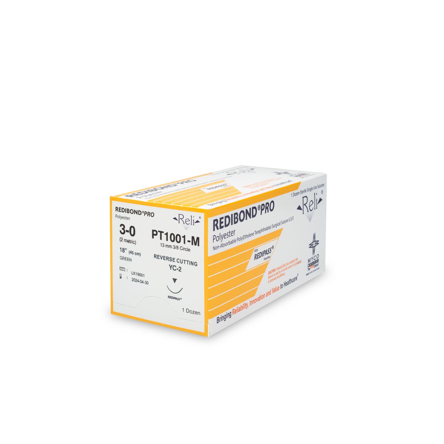 PT1001-M - Myco Medical - 縫線,3-0,Redibond,綠色,編織型,18英寸,YC-2,12根/盒(僅限美國),盒