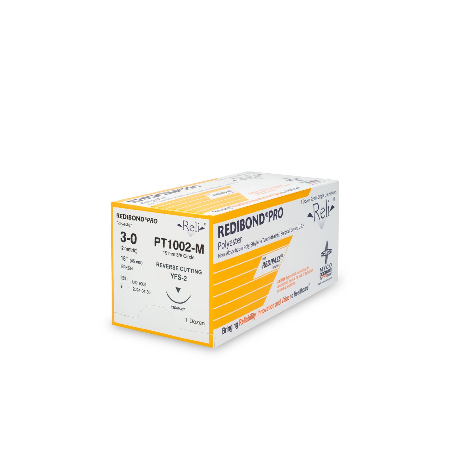 PT1002-M - Myco Medical - 縫線,3-0,Redibond,綠色,編織型,18英寸,YFS-2,12根/盒(僅限美國),盒