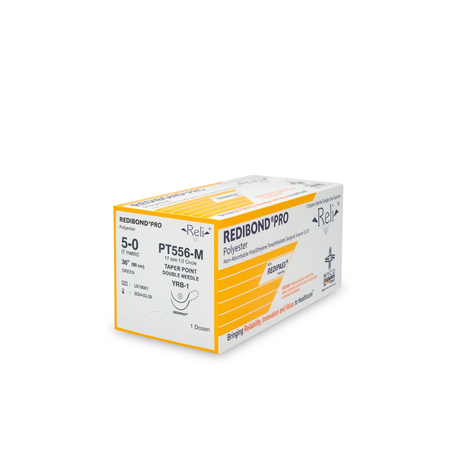 PT556-M - Myco Medical - 縫線,5-0,Redibond,綠色,編織,36英寸,YRB-1,12根/盒(僅限美國),盒