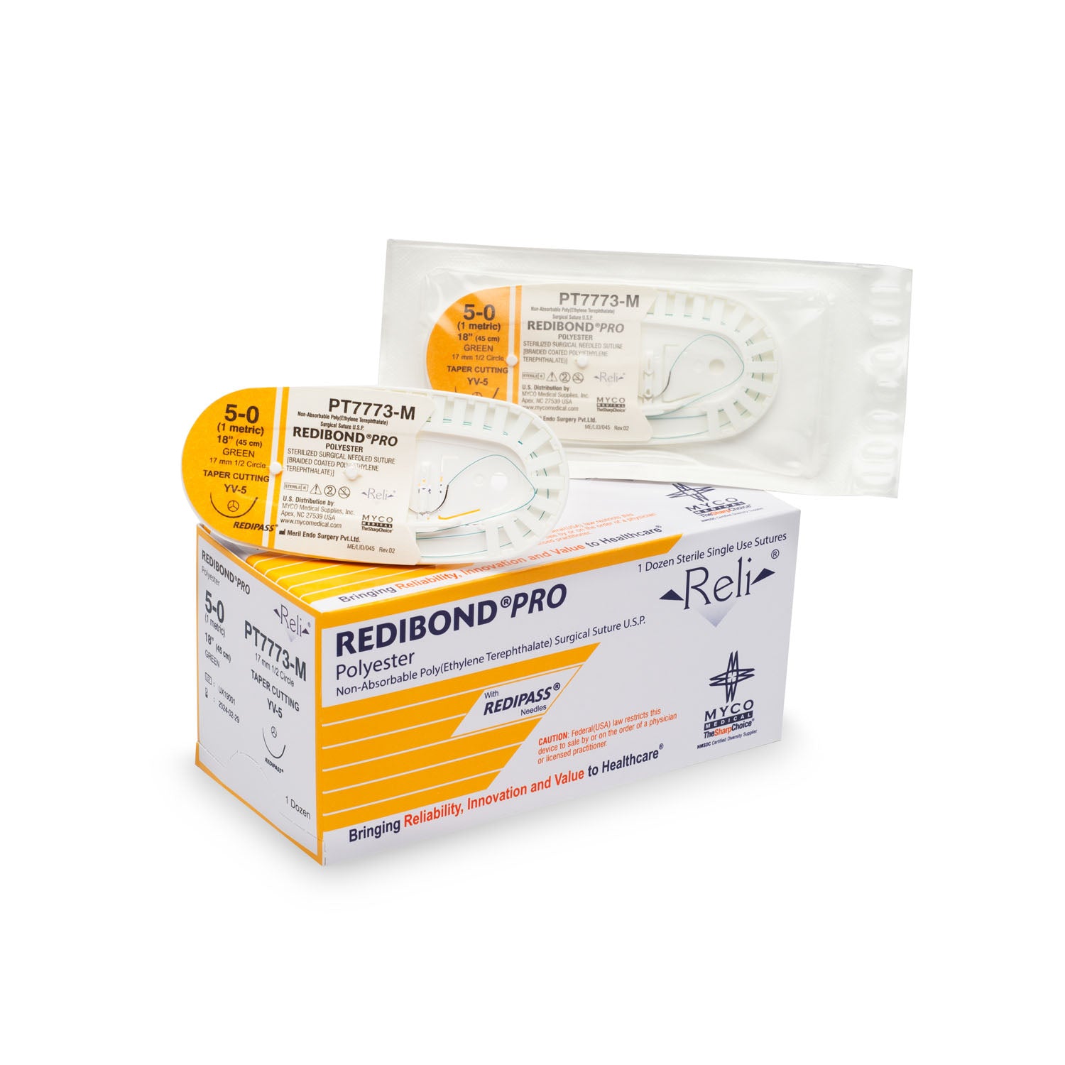 PT7773-M - Myco Medical - 縫線,5-0,Redibond,綠色,編織型,18英寸,YV-5,12根/盒(僅限美國),盒