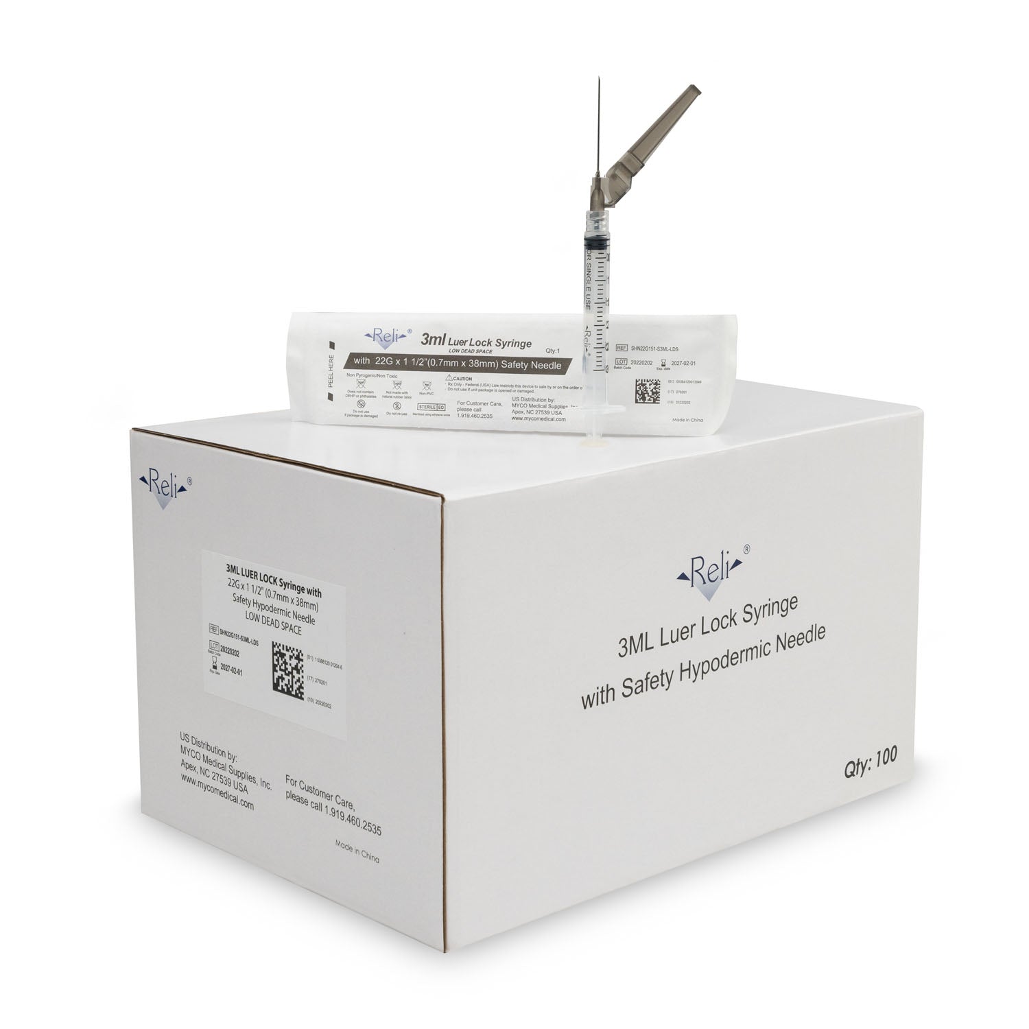 SHN22G151-S3ML-LDS - Myco Medical - Safety Hypodermic Needle with 3mL Syringe, 22G x 1-1/2", Low Dead Space, 100/bx (US Only) , bx