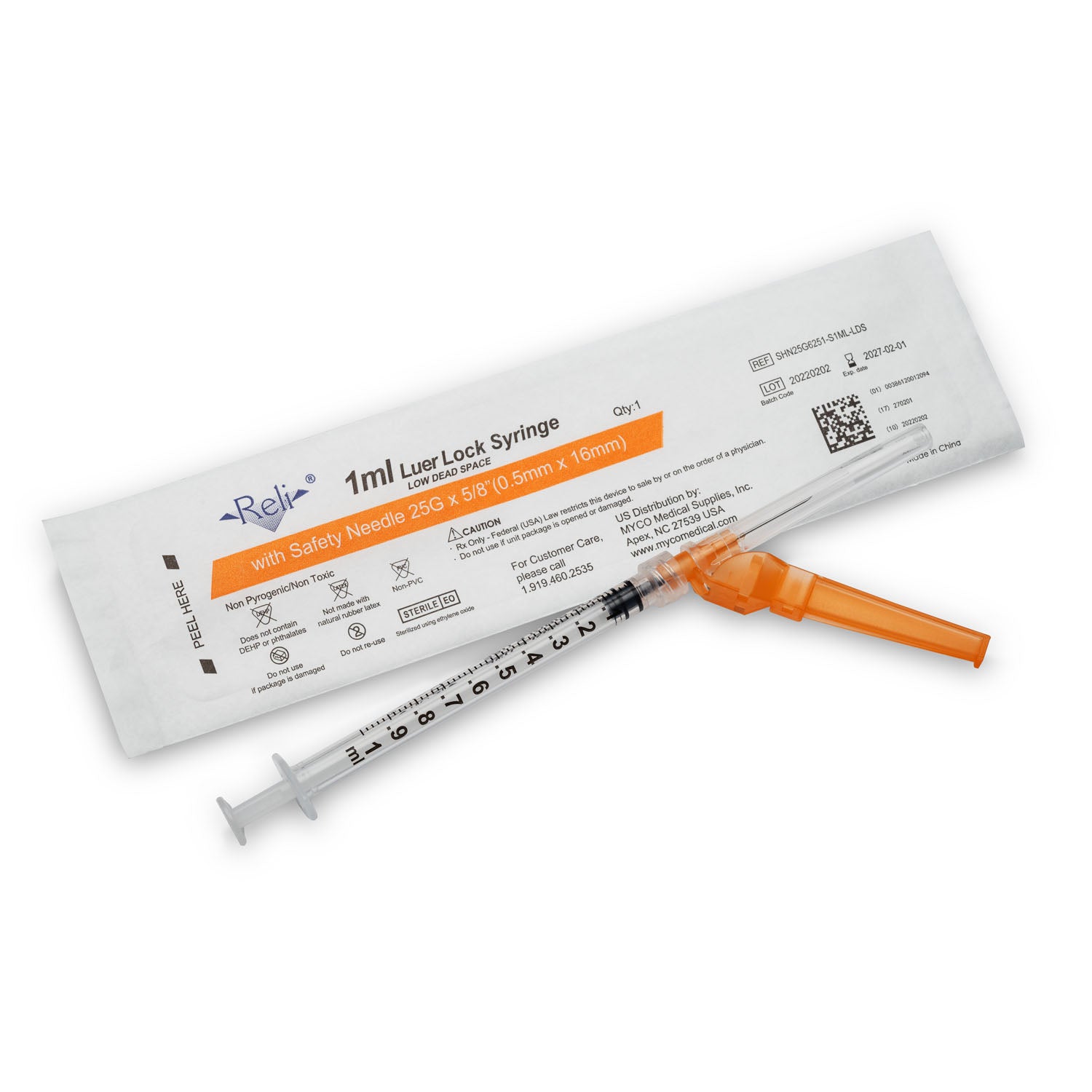 SHN25G6251-S1ML-LDS - Myco Medical - Safety Hypodermic Needle with 1mL Syringe, 25G x 5/8", Low Dead Space, 100/bx (US Only) , bx