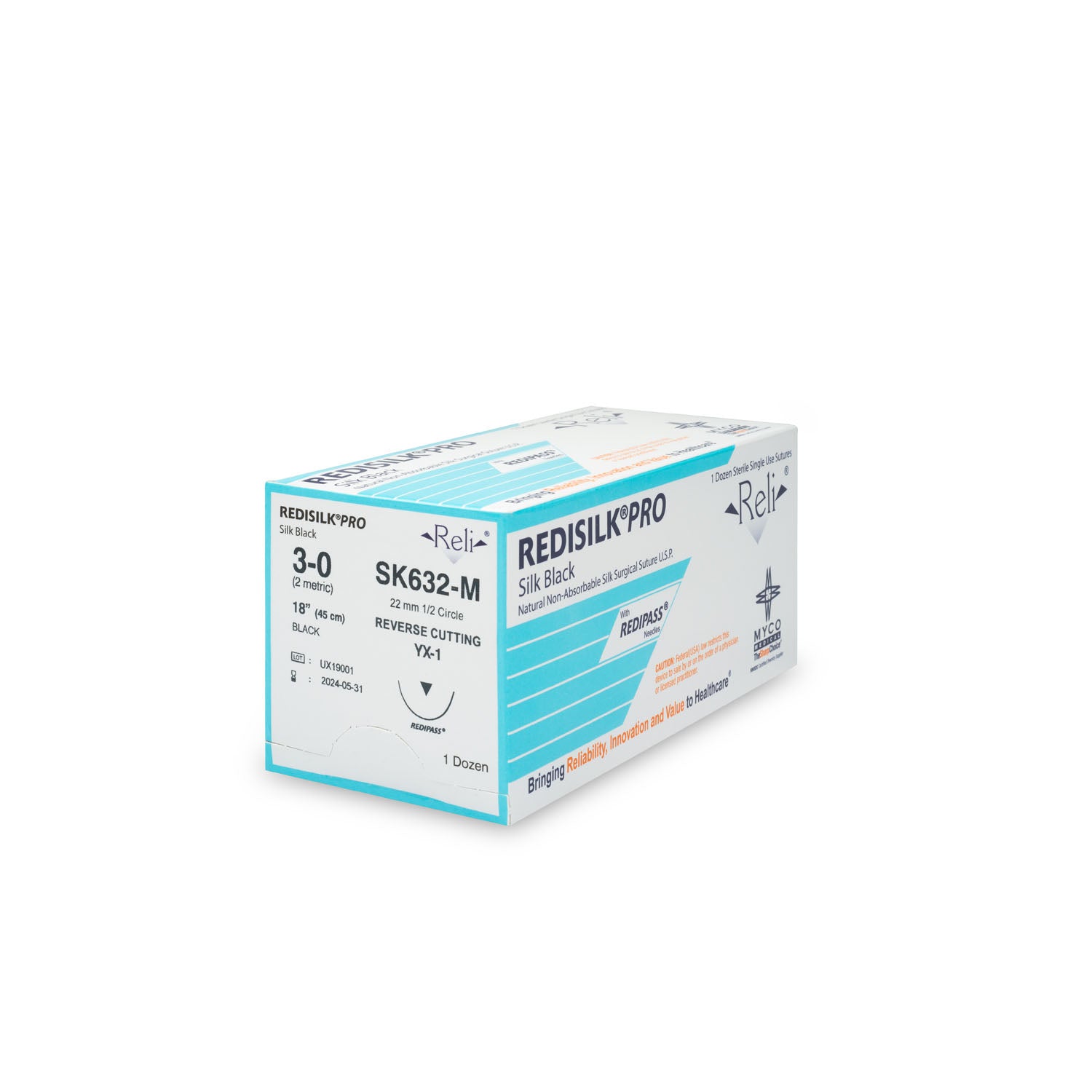 SK632-M - Myco Medical - 縫線,3-0,Redisilk,黑色,編織型,18英寸,YX-1,12根/盒(僅限美國),盒