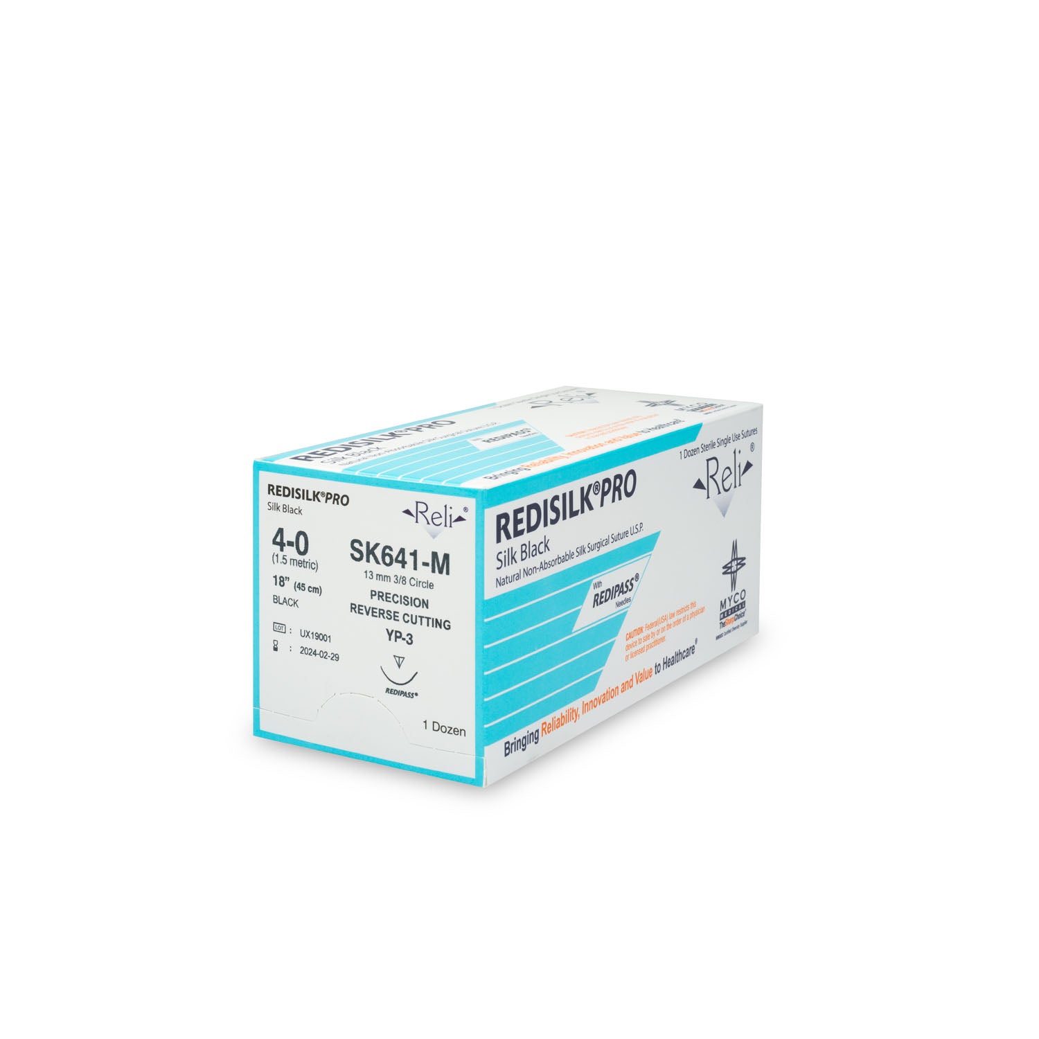 SK641-M - Myco Medical - 縫線,4-0,Redisilk,黑色,編織型,18英寸,YP-3,12根/盒(僅限美國),盒