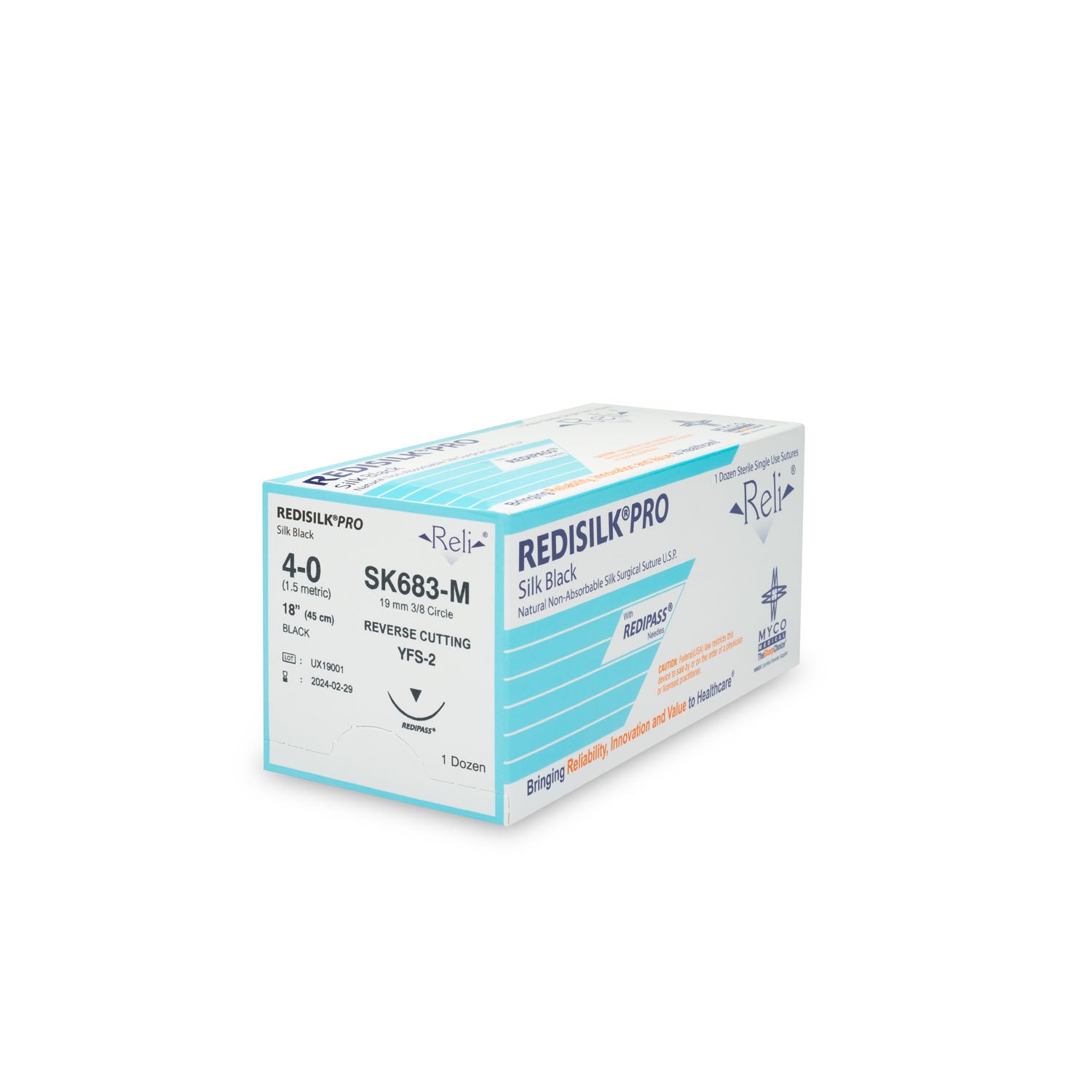 SK683-M - Myco Medical - 縫線,4-0,Redisilk,黑色,編織型,18英寸,YFS-2,12根/盒(僅限美國),盒
