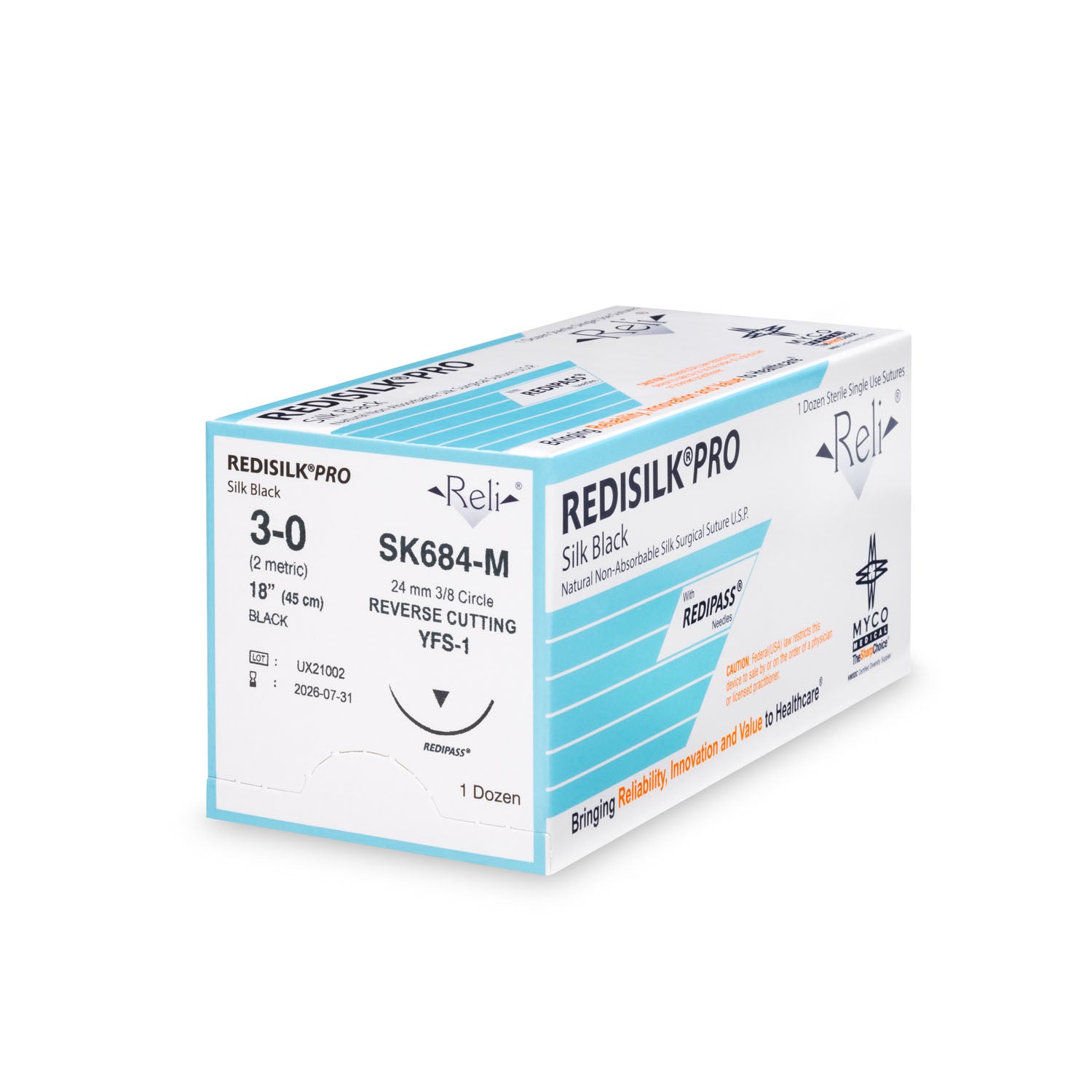 SK684-M - Myco Medical - 縫線,3-0,Redisilk,黑色,編織型,18英寸,YFS-1,12根/盒(僅限美國),盒