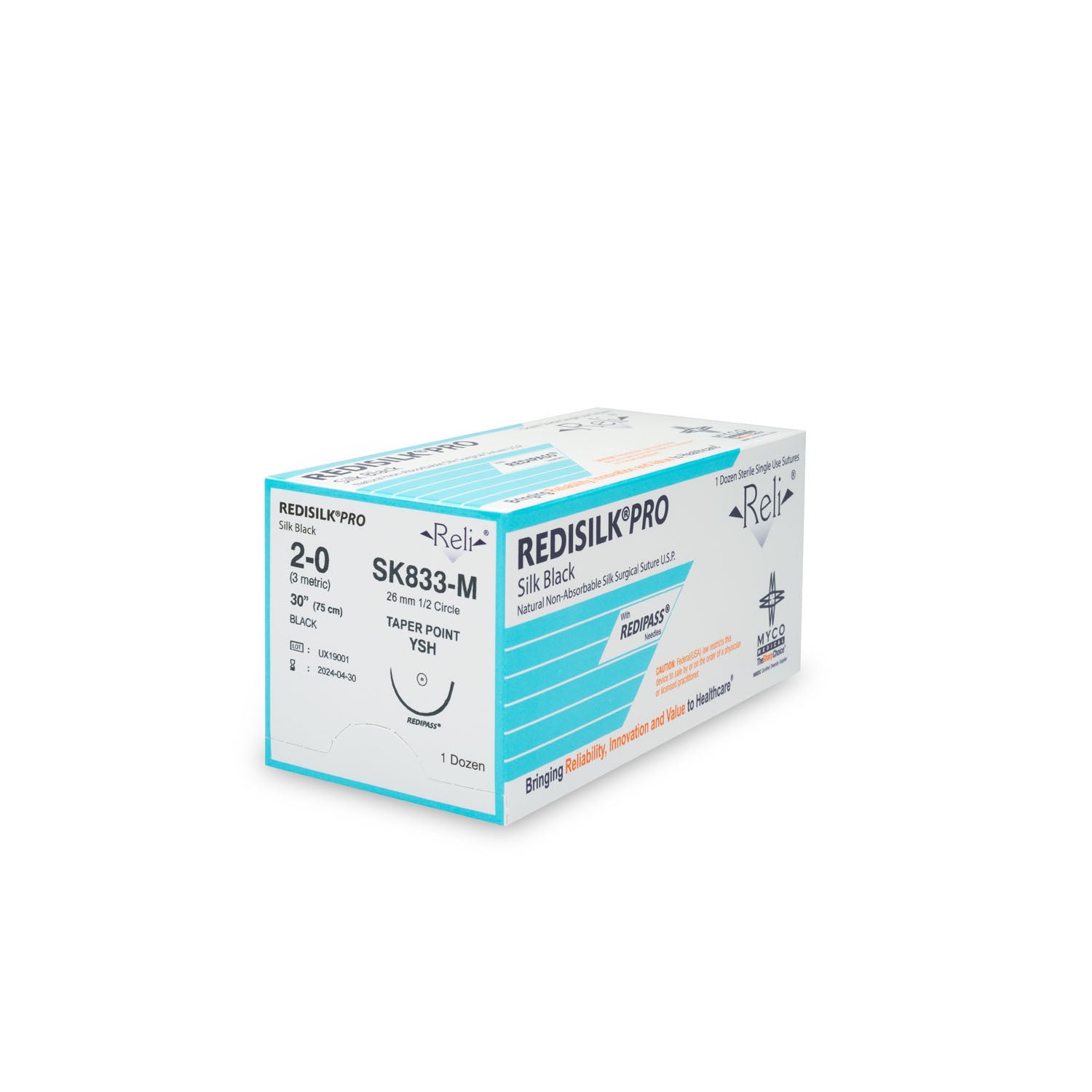 SK833-M - Myco Medical - 縫線,2-0,Redisilk,黑色,編織型,30英寸,YFS,12根/盒(僅限美國),盒裝