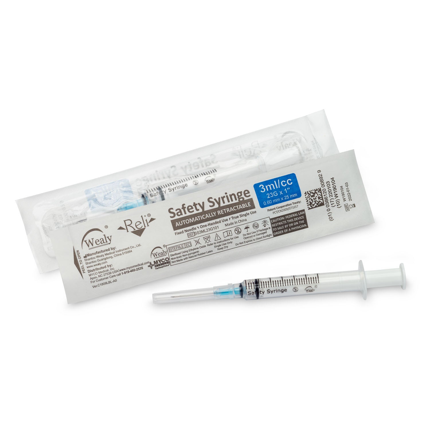 SS3ML23G101 - Myco Medical - Safety Syringe with Needle, 3 mL, 23G x 1", Sterile, Deep Blue, 100/bx (Rx) (HAZMAT Fees Apply, cannot ship via Air or to AK, GU, HI, MP, PR, VI) (Available for Sale in US & Canada) , bx