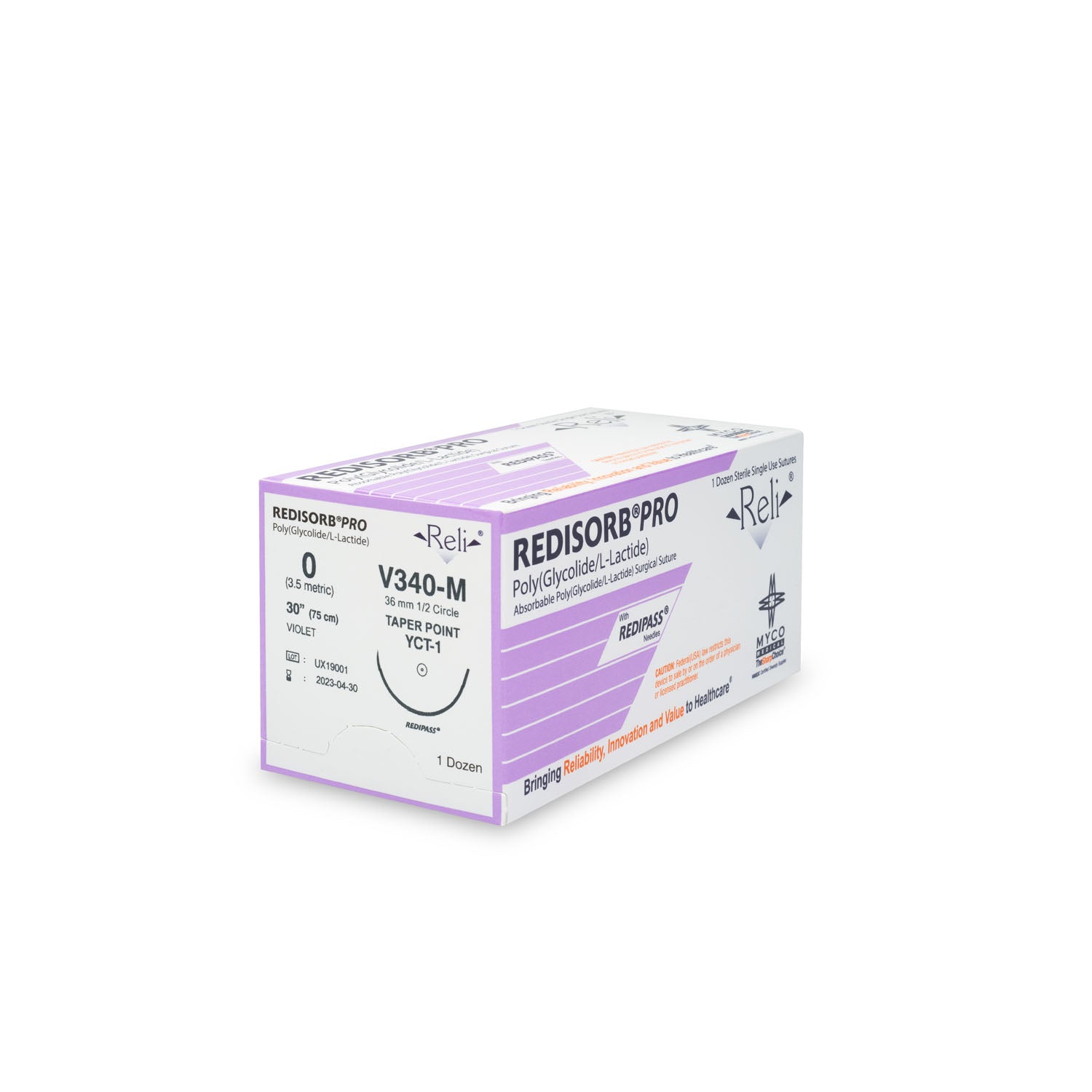 V340-M - Myco Medical - 縫合線,0號,可吸收,紫色,編織,30英寸,YCT-1,12根/盒(僅限美國),盒