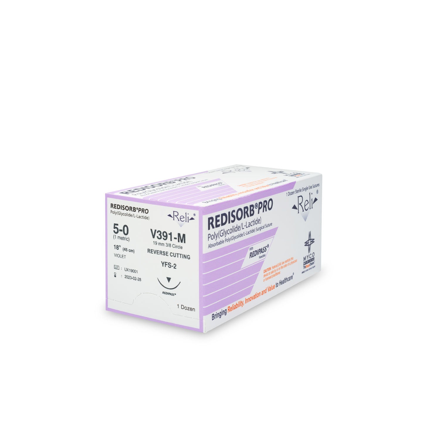 V391-M - Myco Medical - 縫合線,5-0,可吸收,紫色,編織,18”,YFS-2,12/盒(僅限美國),盒