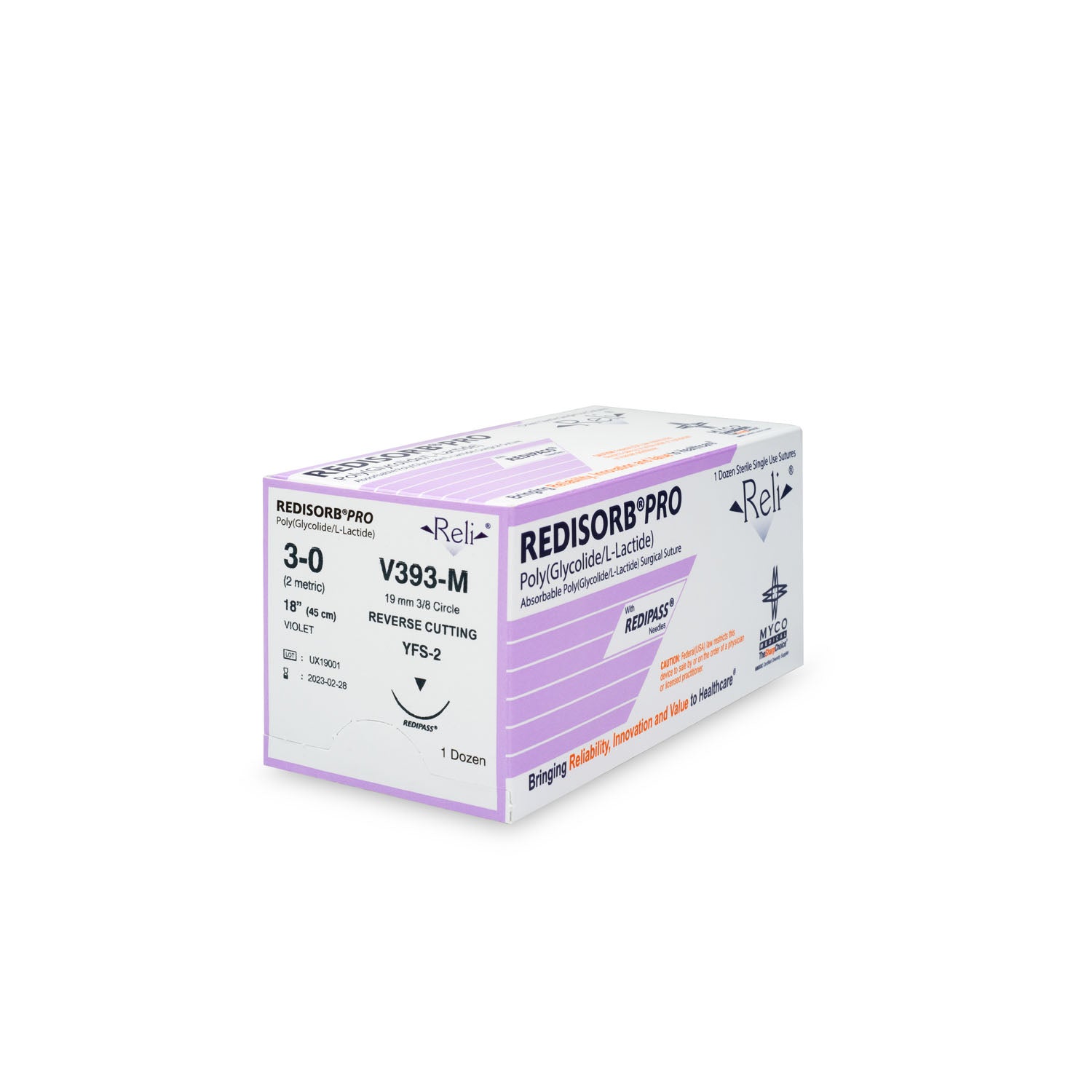 V393-M - Myco Medical - 縫合線,3-0,可吸收,紫色,編織,18”,YFS-2,12/盒(僅限美國),盒