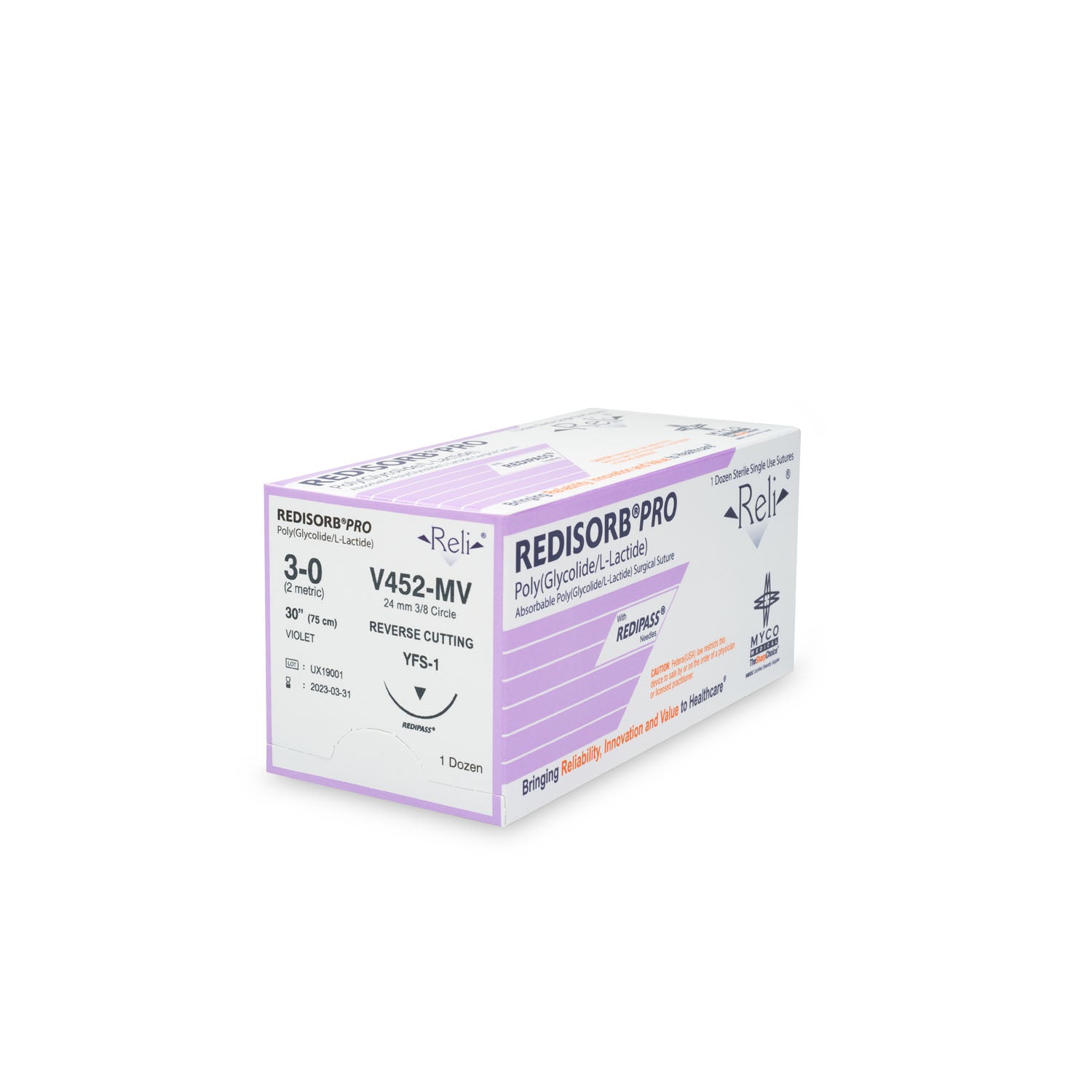 V452-MV - Myco Medical - 縫合線,3-0,可吸收,紫色,編織型,30英寸,YFS-1,12條/盒(獸用)(僅限美國),盒