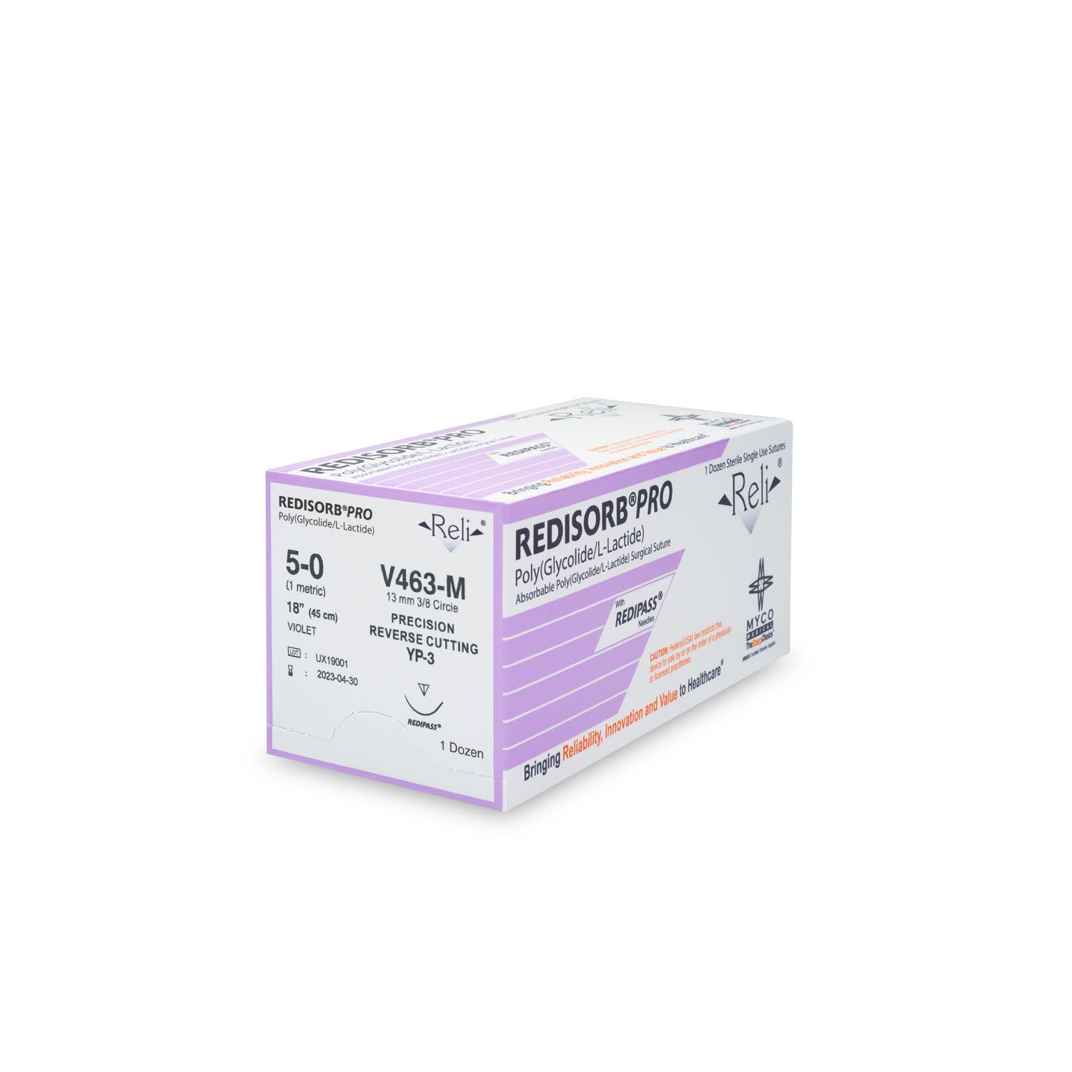 V463-M - Myco Medical - 縫合線,5-0,可吸收,紫色,編織,18英寸,YP-3,12條/盒(僅限美國),盒