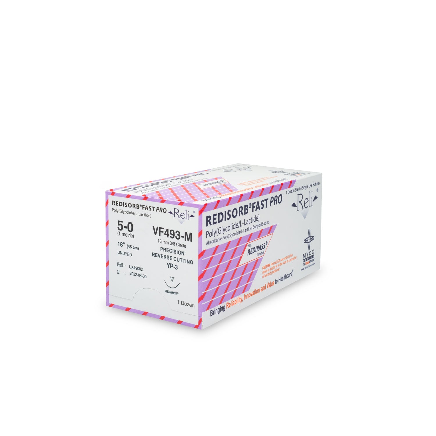 VF493-M - Myco Medical - 縫合線,5-0,可吸收,快速吸收,未染色,編織型,18英寸,YP-3,12條/盒(僅限美國),盒