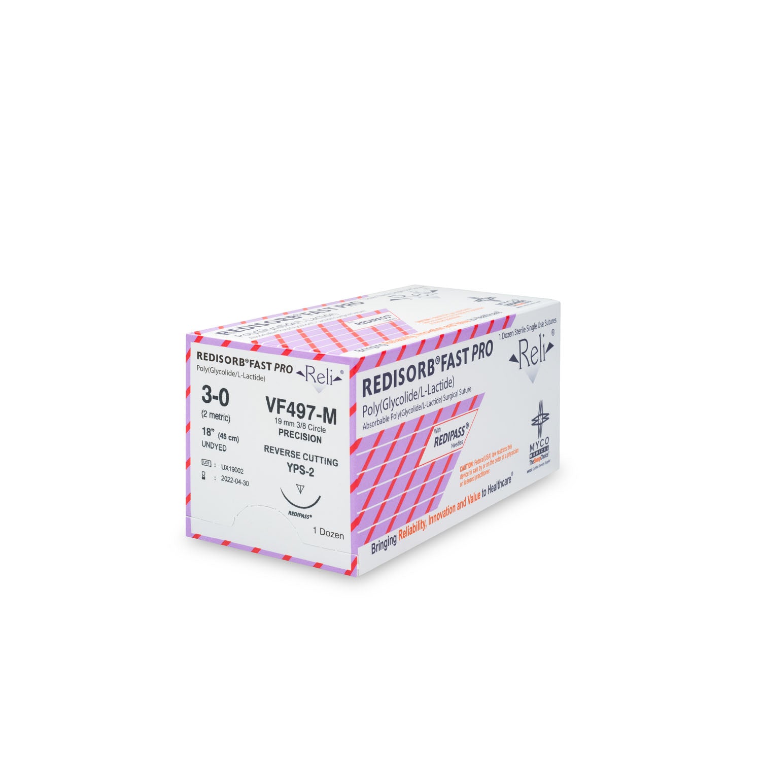 VF497-M - Myco Medical - 縫合線,3-0,可吸收,快速吸收,未染色,編織型,18英寸,YPS-2,12條/盒(僅限美國),盒