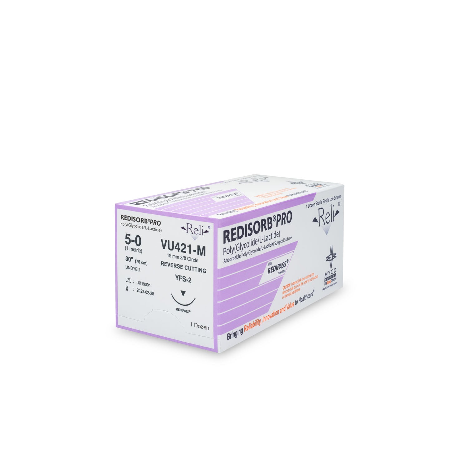 VU421-M - Myco Medical - 縫合線,5-0,可吸收,未染色,編織,30英寸,YFS-2,12根/盒(僅限美國),盒