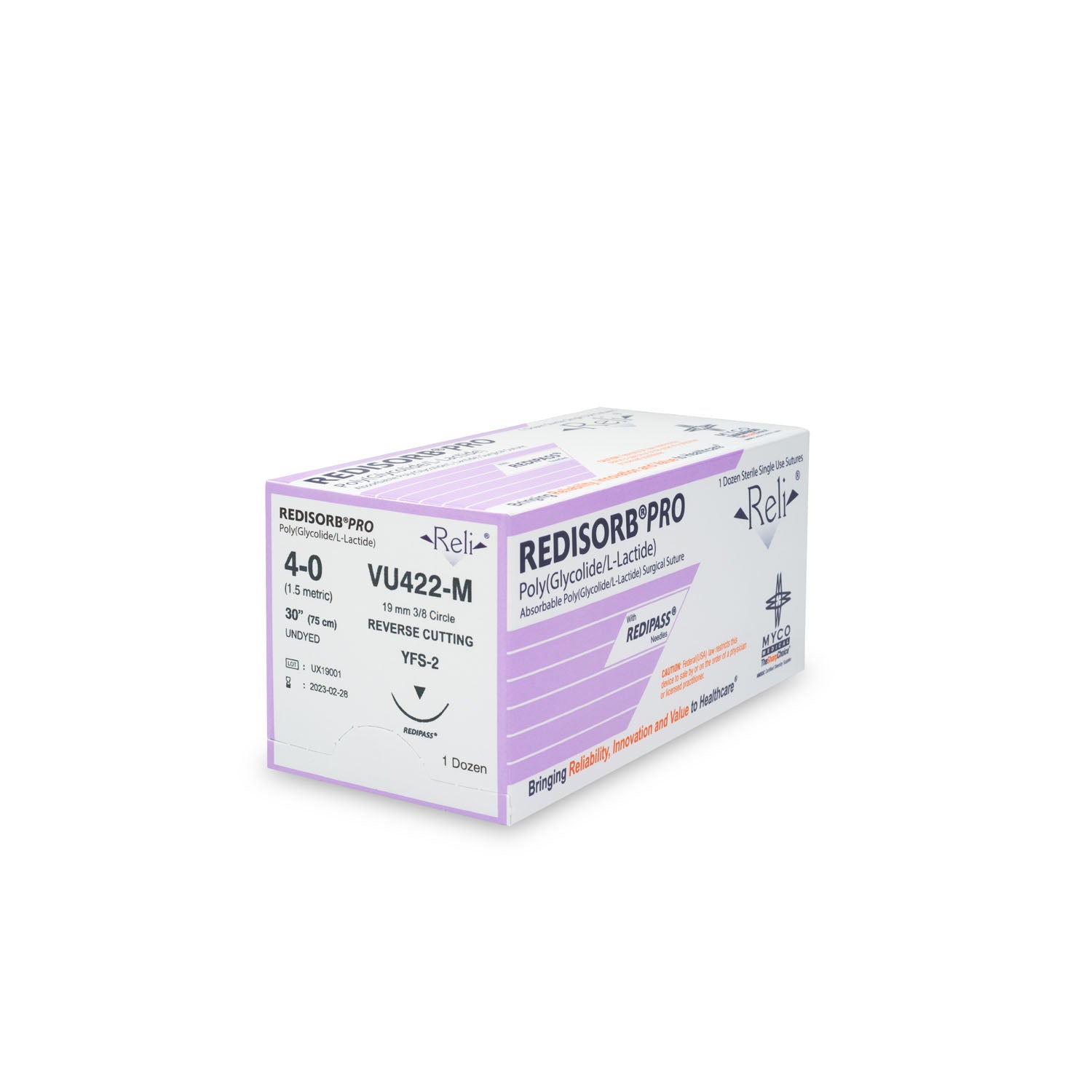 VU422-M - Myco Medical - 縫合線,4-0,可吸收,未染色,編織,30英寸,YFS-2,12根/盒(僅限美國),盒
