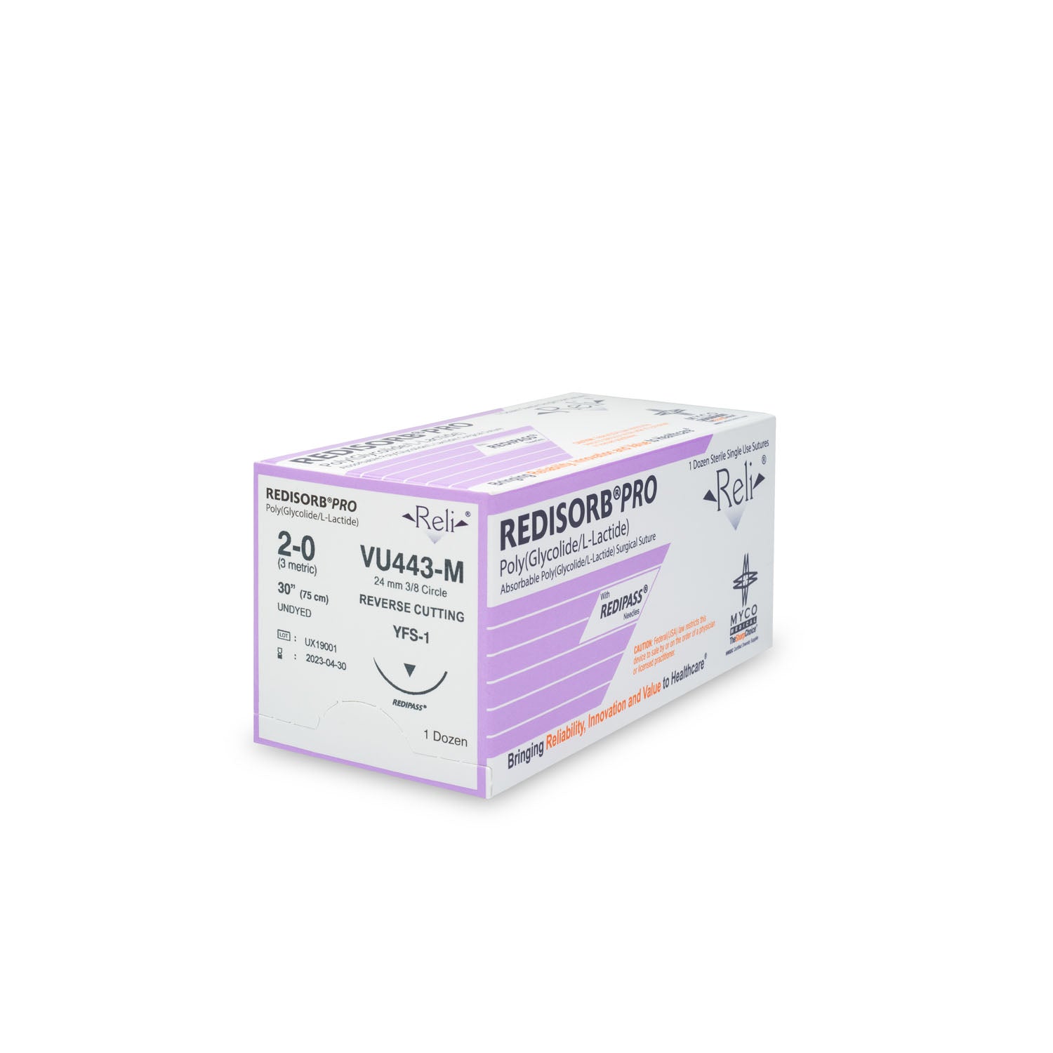 VU443-M - Myco Medical - 縫合線,2-0,可吸收,未染色,編織,30”,YFS-1,12/盒(僅限美國),盒