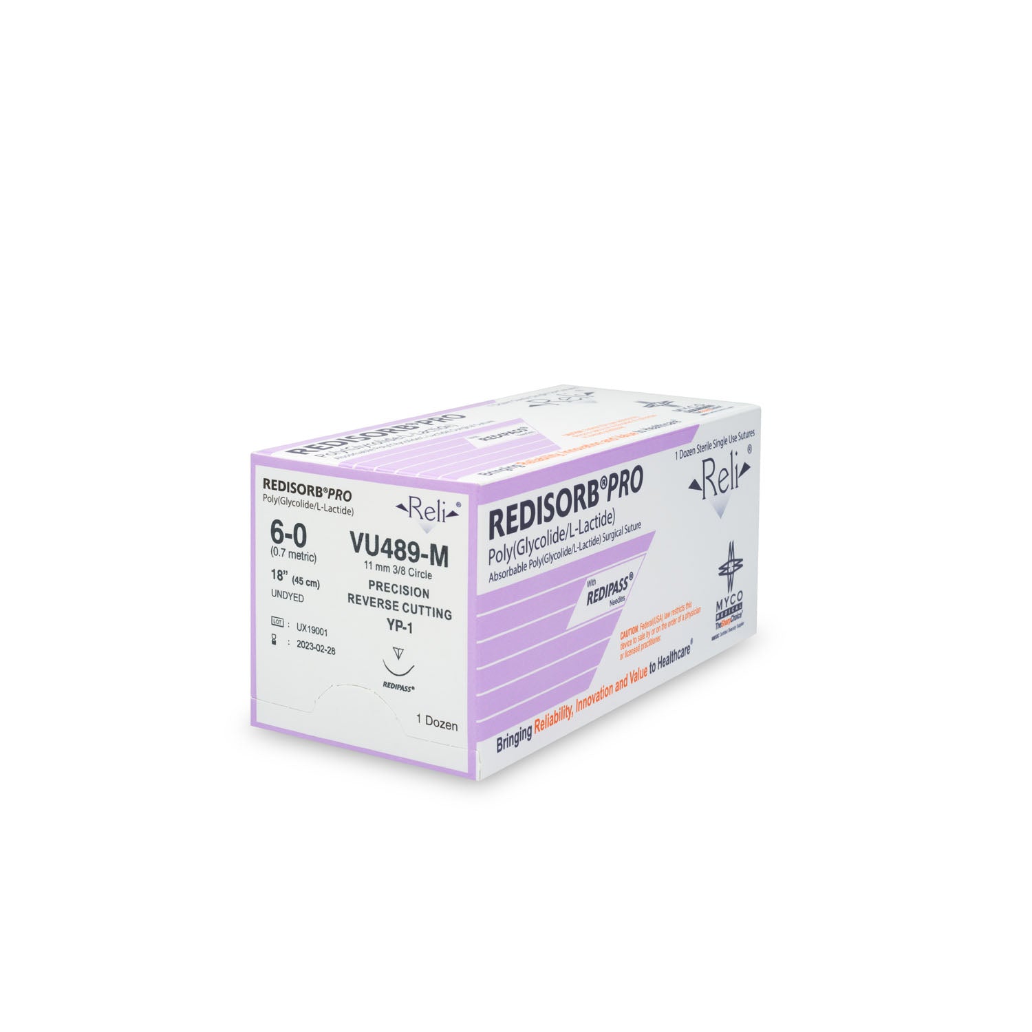 VU489-M - Myco Medical - 縫合線,6-0,可吸收,未染色,編織,18英寸,YP-1,12條/盒(僅限美國),盒
