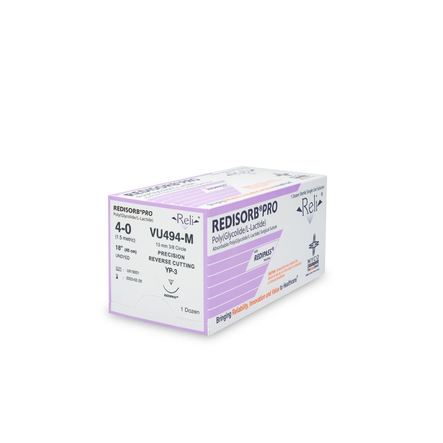 VU494-M - Myco Medical - 縫合線,4-0,可吸收,未染色,編織,18英寸,YP-3,12條/盒(僅限美國),盒