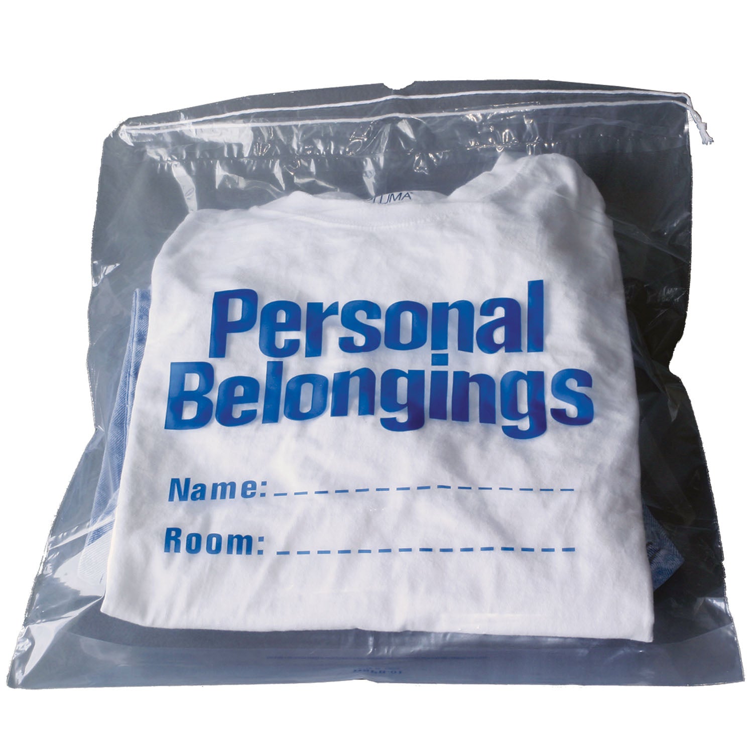 DSPB1 - New World Imports - Bolsa con cordón para efectos personales, 43 x 50 cm, transparente con impresión azul, 250 unidades