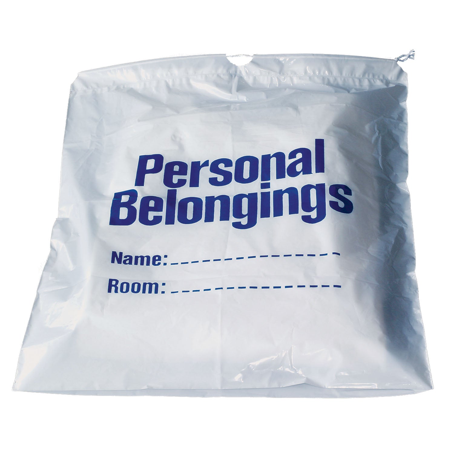 DSPB2 - New World Imports - Personal Belongings Drawstring Bag, 17" x 20", White Bag with Blue Imprinting, 250/cs , cs