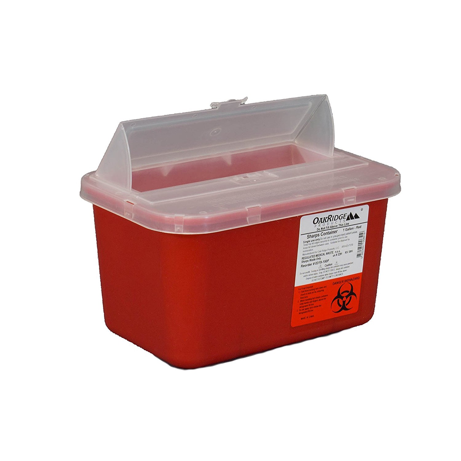 0319-150F - Oak Ridge Products - Sharps Container, 1 Gallon, Red Base/ Translucent Flip Up Lid, 24/cs , cs