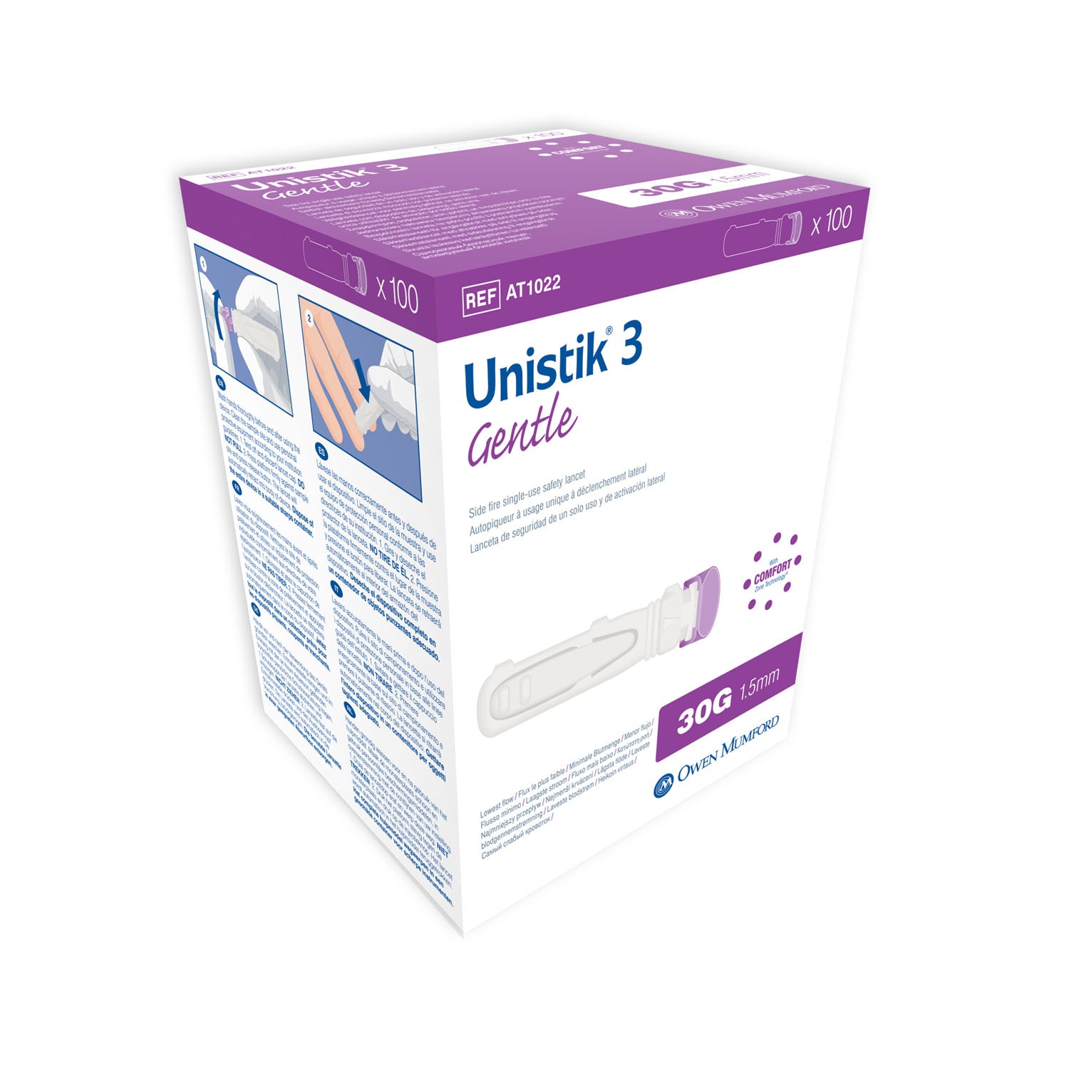AT1022 - Owen Mumford - Lancet, Gentle, 30G, 1.5mm, 100/bx (US & Canada Only) , bx