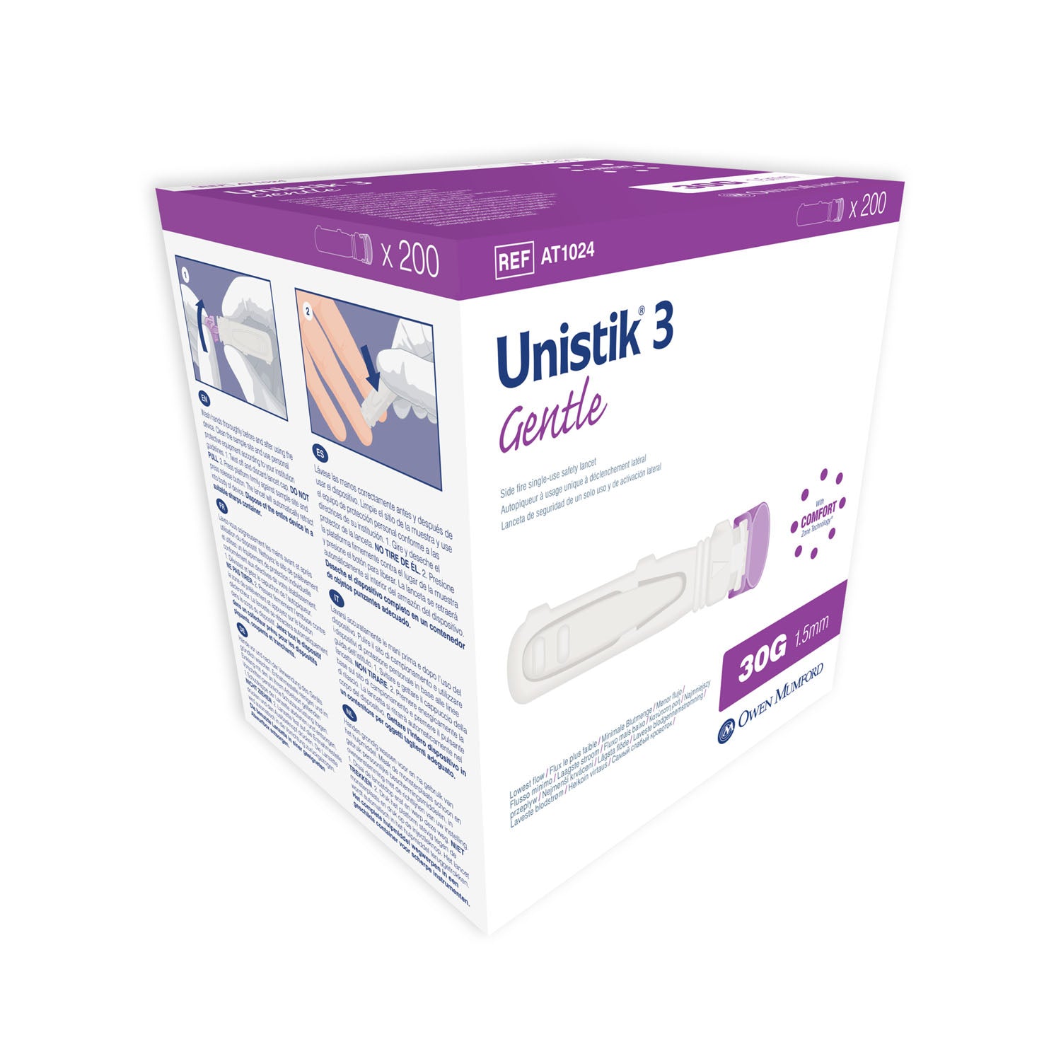 AT1024 - Owen Mumford - Lancet, Gentle, 30G, 1.5mm, 200/bx (US & Canada Only) , bx