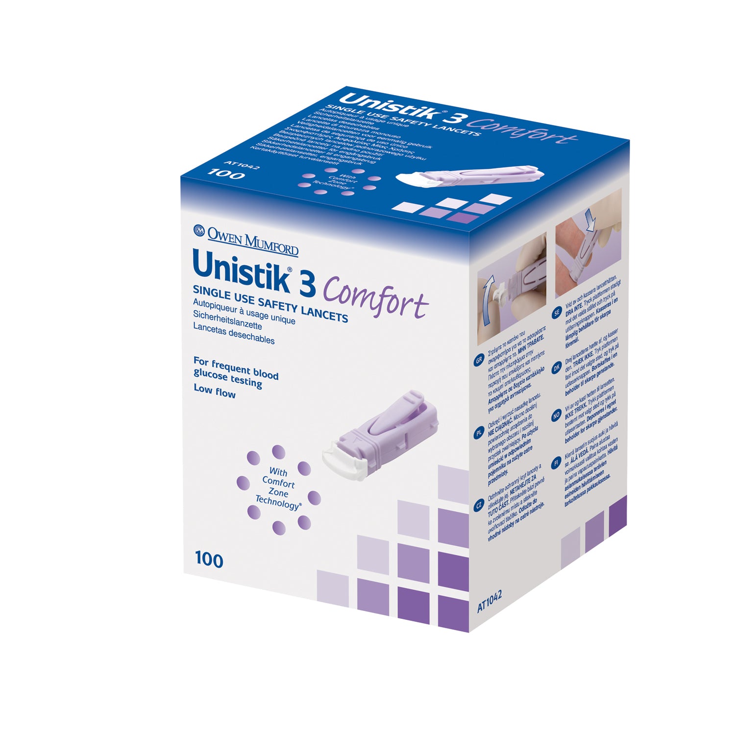 AT1042 - Owen Mumford - Lancet, Comfort, 28G, 1.8mm Penetration Depth, Purple, 100/bx (US & Canada Only) , bx