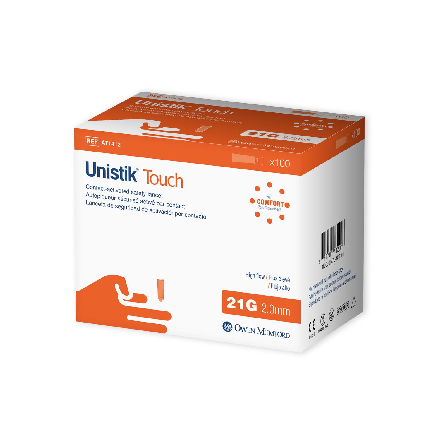 AT1412 - Owen Mumford - Safety Lancet, High Flow, 21G x 2.0mm, 100/bx (10 box minimum order) (US & Canada Only) , bx