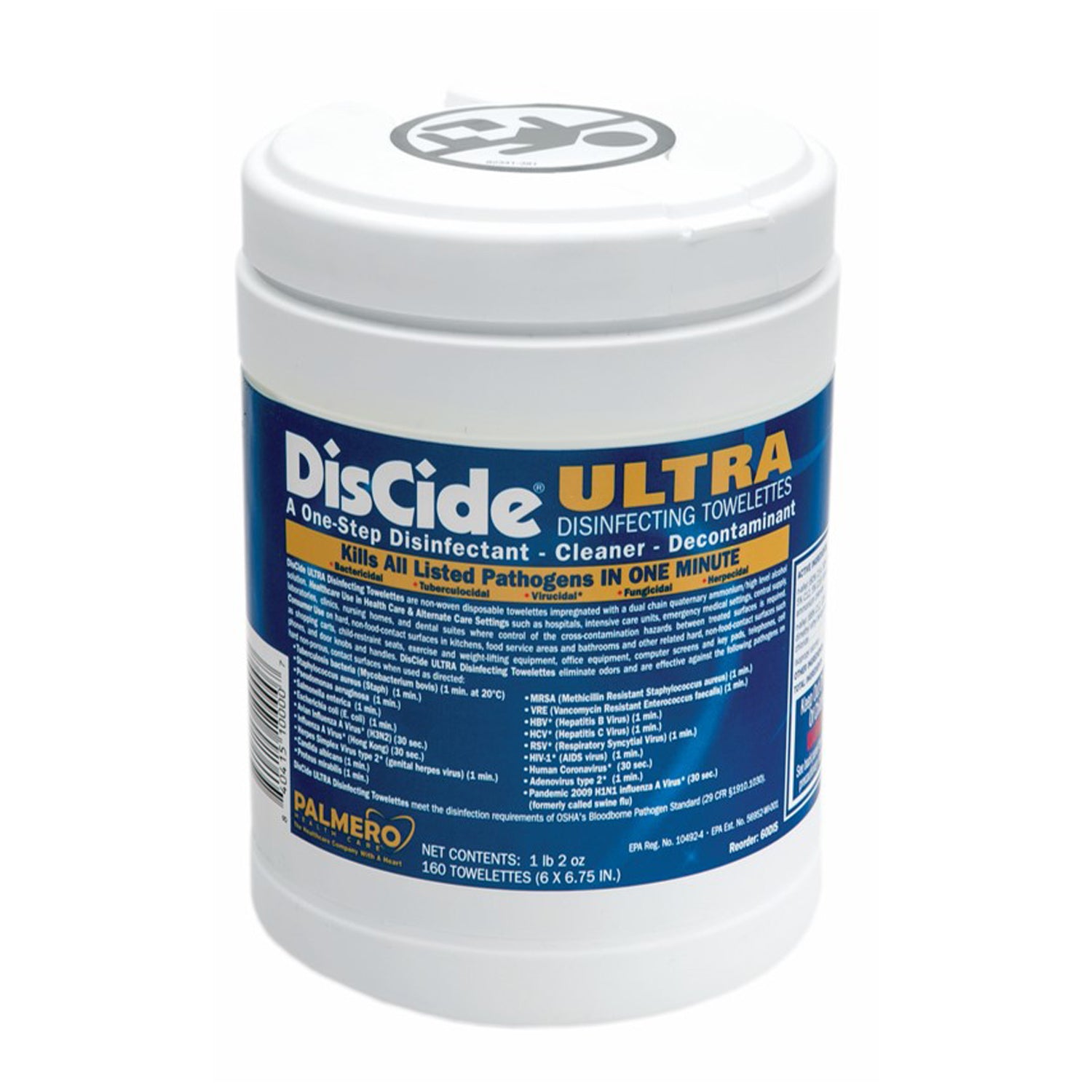 60DIS - Palmero - DisCide Ultra Towelettes, 6” x 6 ¾”, 160ct/can, 12can/cs (30 cs/plt) (US SALES ONLY) (HAZMAT Fees Apply, cannot ship via Air or to AK, GU, HI, MP, PR, VI) , cs