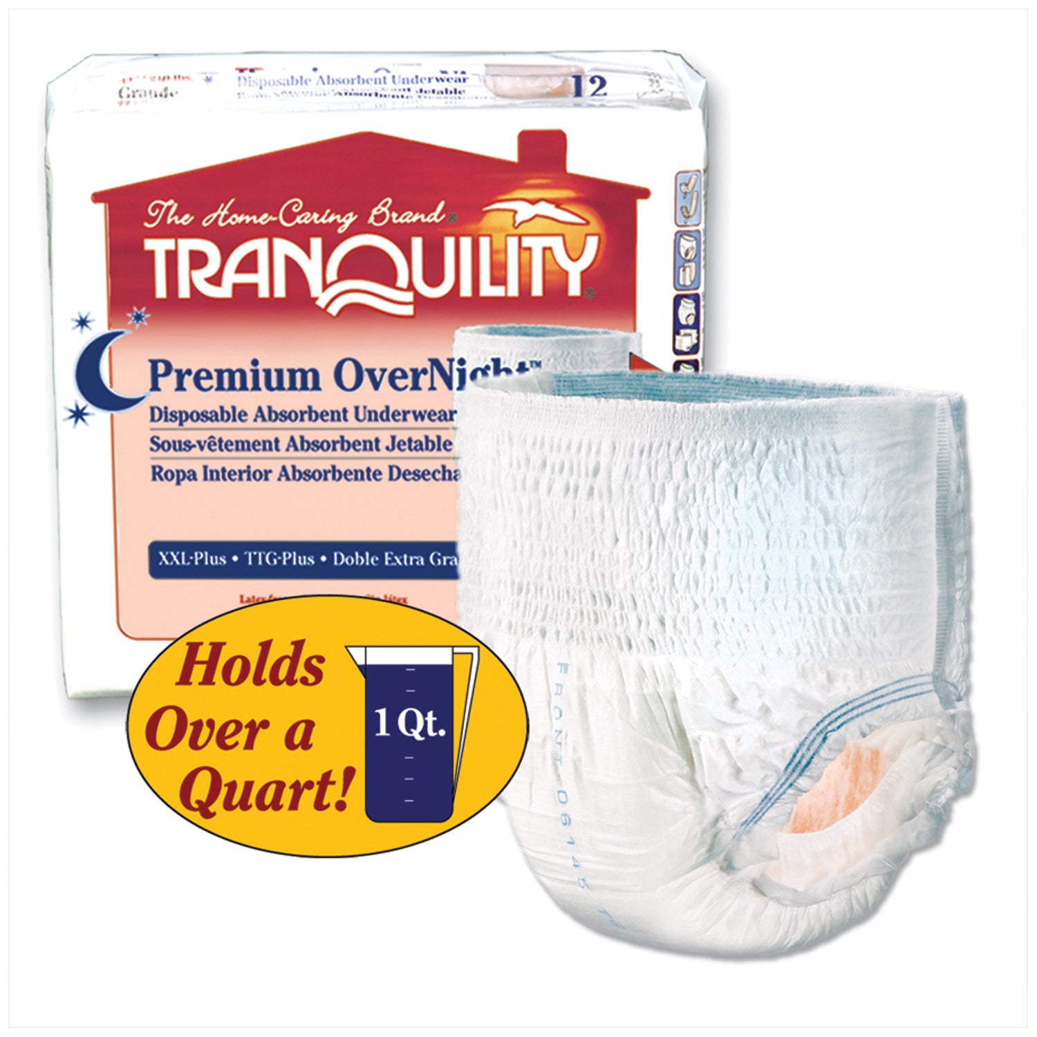 2118 - Principle Business Enterprises - Underwear, XXL-Plus Overnight DAU, 62"-80", 250+ lbs, Capacity 34.0 fl oz, 12/bg, 4 bg/cs (30 cs/plt) (US Only) , cs