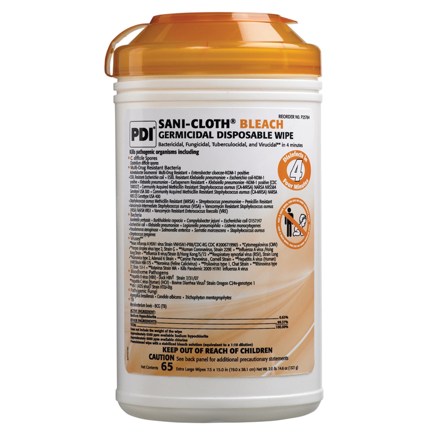 P25784 - PDI - Professional Disposables, Intl. - Bleach Germicidal Dispsoable Wipe, X-Large, 7½" x 15", 65 wipes/can, 6 can/cs (60 cs/plt) (Minimum Expiry Lead is 90 days) (US Only) (Products cannot be sold on Amazon.com or any other 3rd party site) ,