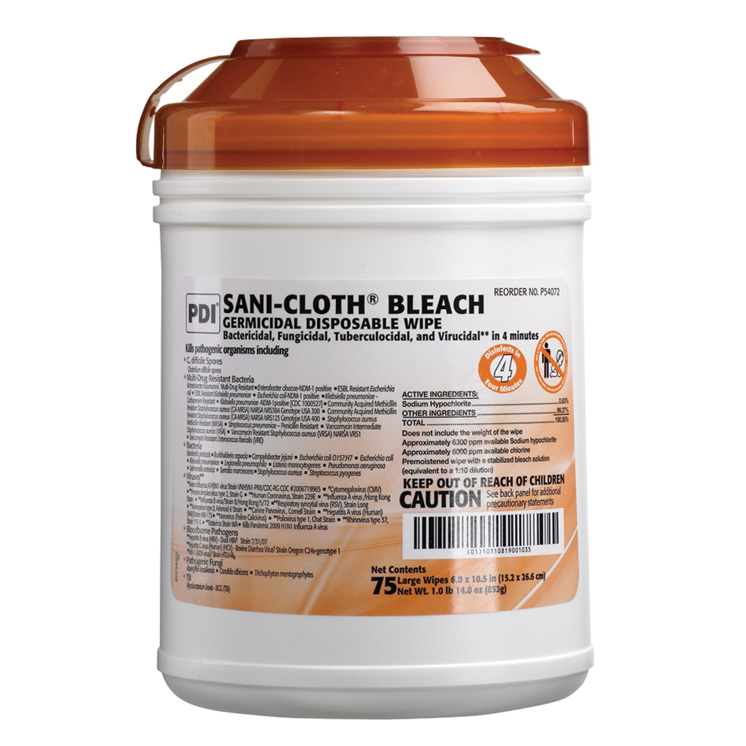 P54072 - PDI - Professional Disposables, Intl. - Bleach Germicidal Disposable Wipe, Large, 6" x 10½", 75/canister, 12 can/cs (30 cs/plt) (Non-returnable; Short-Dated; Non-refundable) (US Only) (Products cannot be sold on Amazon.com or any other 3rd party