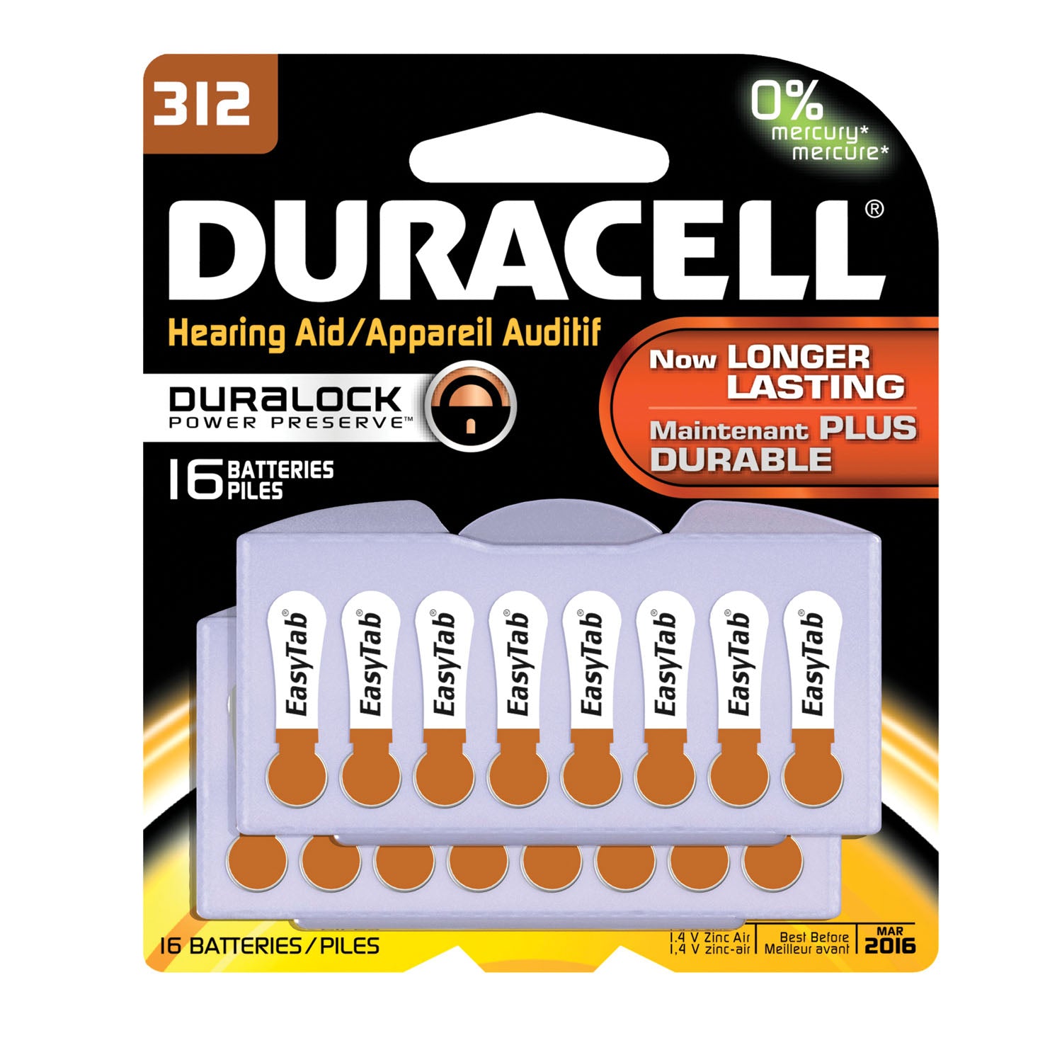 DA312B16 - Duracell - Batería, Zinc-aire, Tamaño 312, Paquete de 16, Paquete de 6 (UPC# 66125) (Los productos no son para mercados domésticos privados; los productos no se pueden vender en Amazon.com ni en ningún otro sitio de terceros), caja