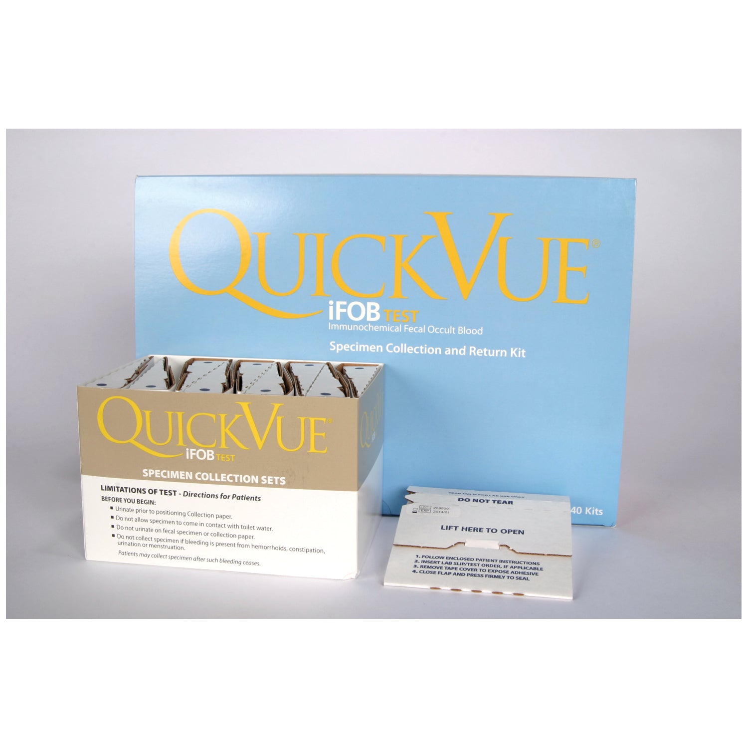 20204 - Quidel 公司 - QuickVue® iFOB 40 標本採集套裝,包含:40 個採集套裝,每個套裝包含 1 個裝有 2mL FOB 緩衝液的採集管、1 張帶粘性的採集紙、1 個收納袋、1 個吸水套、1 個回寄信箱和 1 張帶黏性的採集紙、1 個收納袋、1 個吸水套、1 個回寄信箱和 1 張患者使用說明。