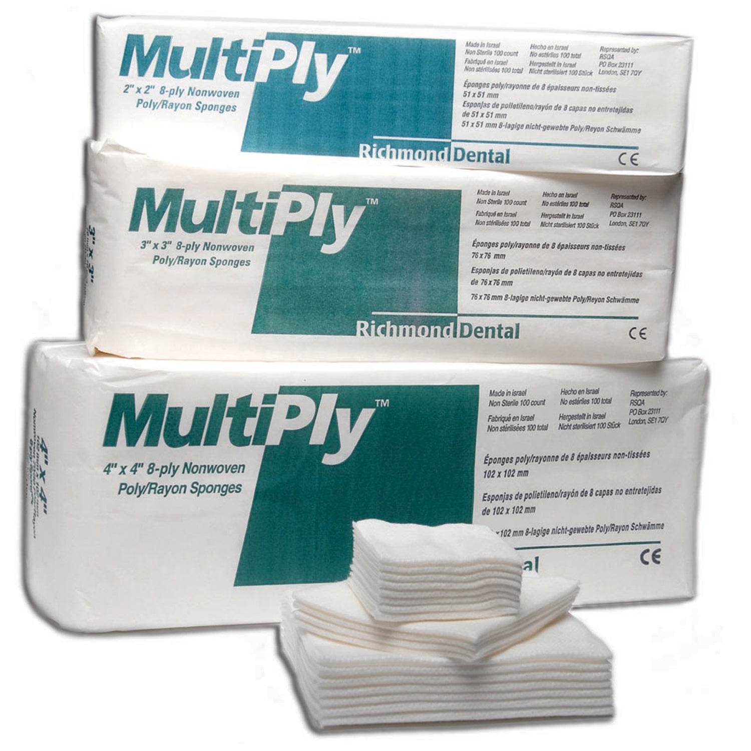 300639 - Richmond Dental - Esponja multicapa de rayón/poliéster no tejida, 4" x 4", 8 capas, no estéril, 100 unidades/caja, 20 unidades/caja