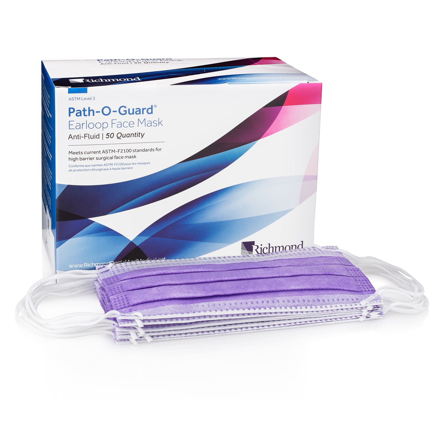 400589 - Richmond Dental - Mascarilla facial antifluidos de nivel III con lazo para las orejas, color lavanda, 50 unidades por caja, 6 unidades por caja