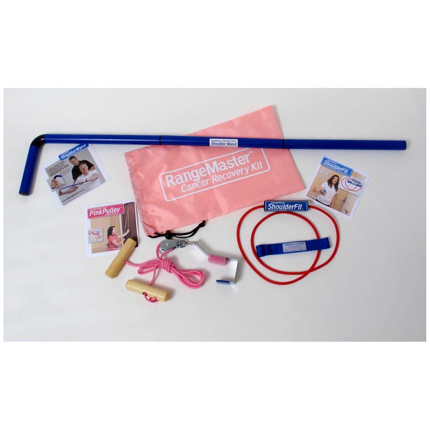 BCRK - Therapeutic Dimensions, Inc. - Breast Cancer Recovery Kit includes RangeMaster™ home exercise pulley system with webbing strap; ShoulderFit™ strength tubing with a plastic Thera-Loop Handle™ and theThera-Loop™ webbing door anchor; ShoulderWand™ st