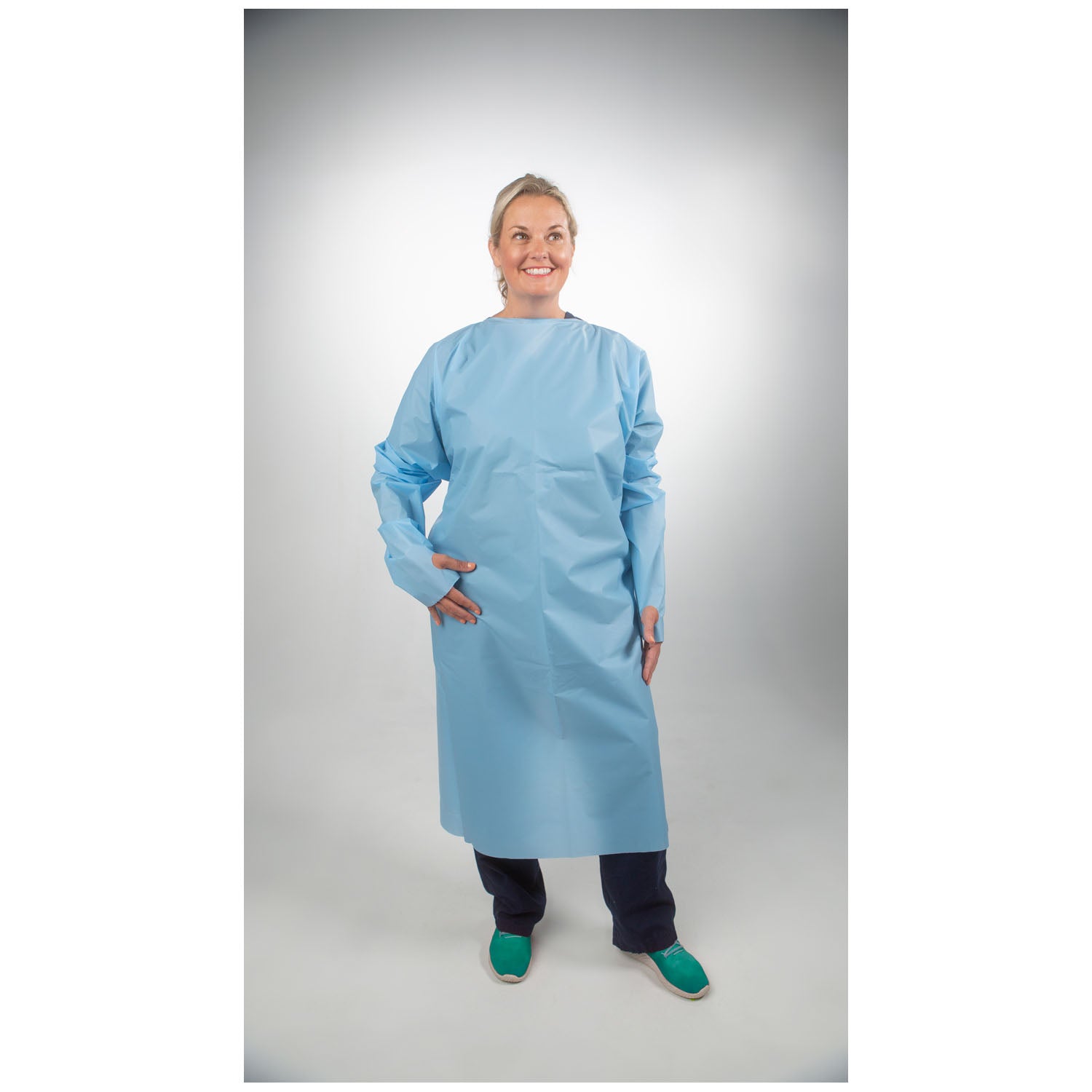 8576A - TIDI Products, LLC - Protective Gown, 80" x 45", Over-the-Head, Poly, AAMI Level 2, 75/cs , cs