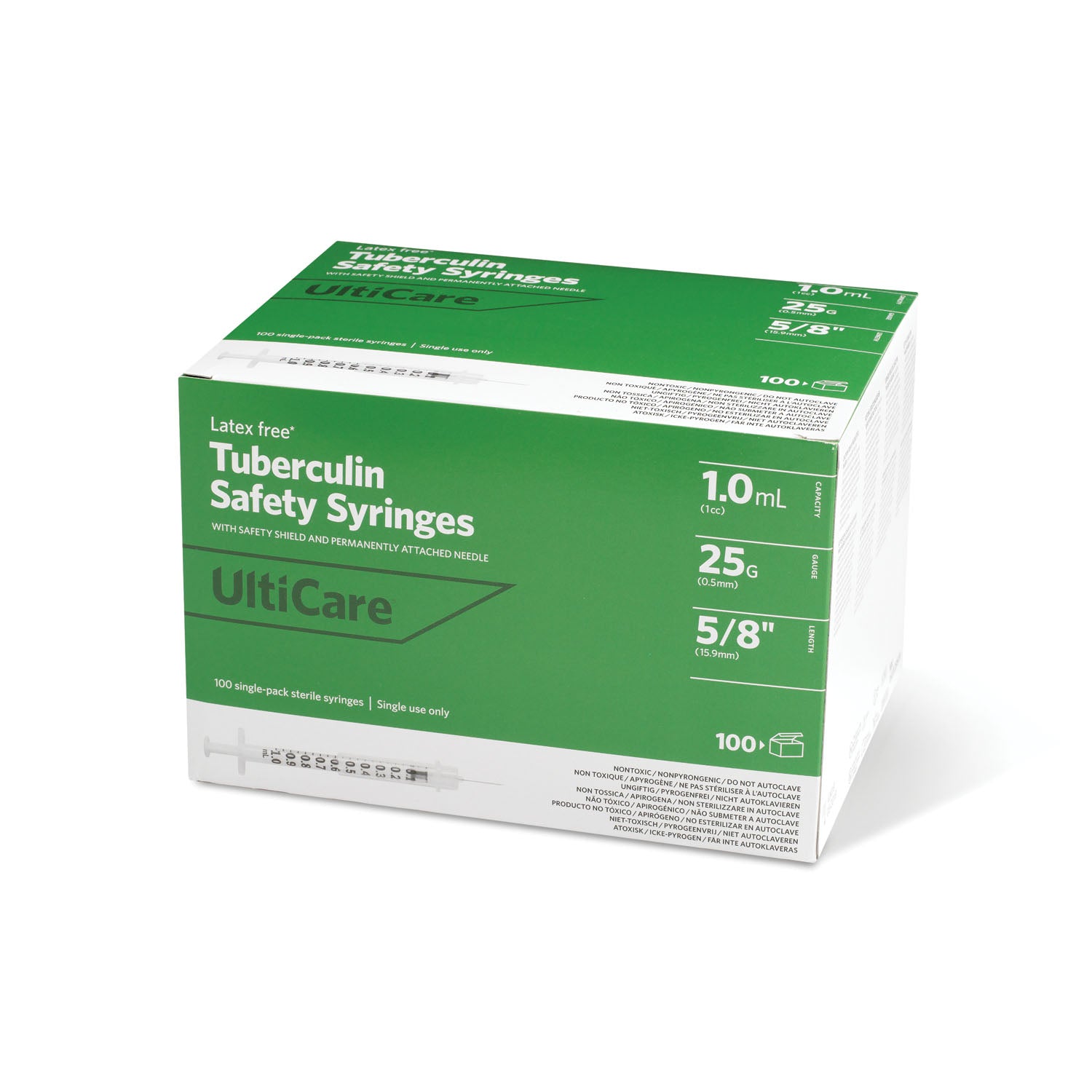 25158 - UltiMed, Inc. - Safety Syringe, Fixed Needle, Tuberculin, 1mL, 25G x 5/8", 100/bx , bx