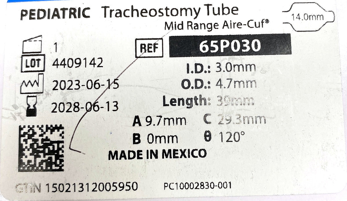 65P030 - SMITHS MEDICAL - Aire-Cuf Neonatal and Pediatric Trach Tube - Aire-Cuf Tracheostomy Tube, Neonatal, 3.0 mm, (BX/1)