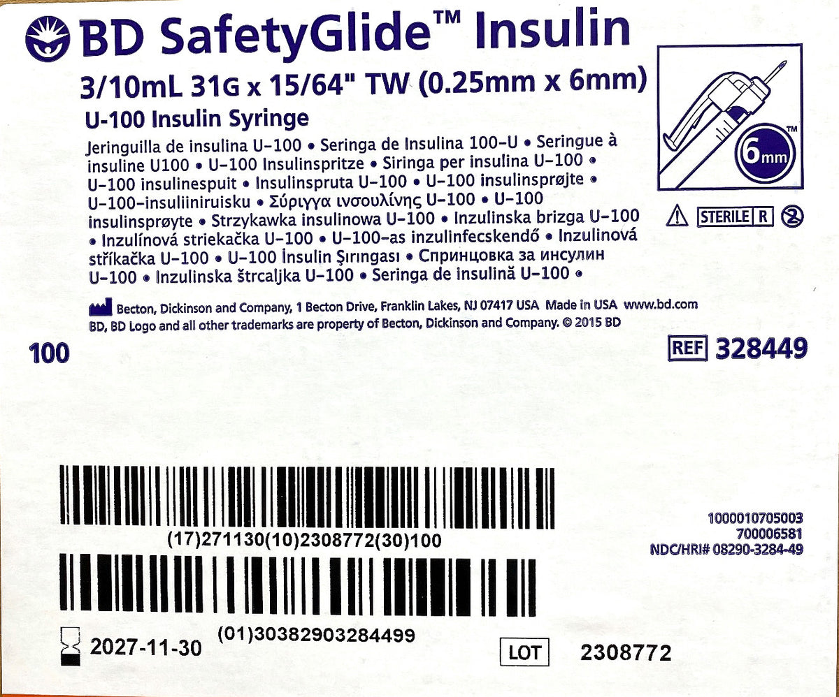 328449 - BD - SafetyGlide™ Insulin Syringes, U-100, 6mm, 31G, 0.3mL, 0.5 unit, (BX/100)