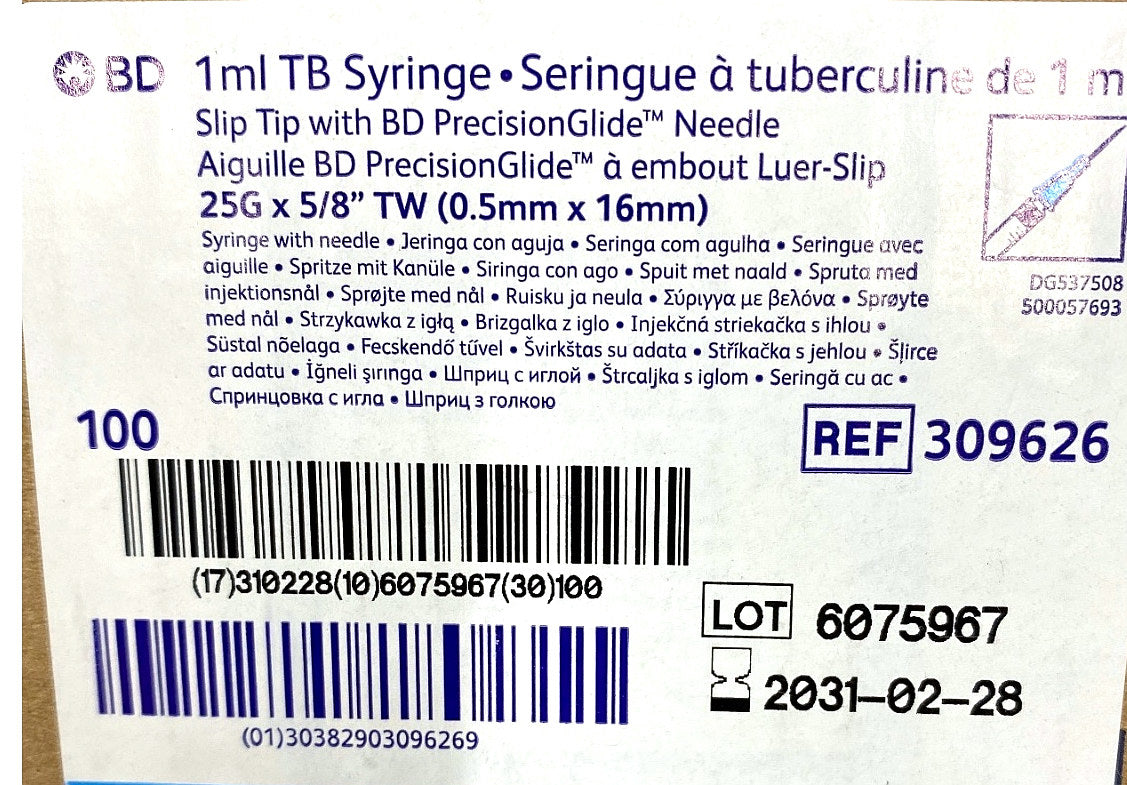 309626 - BD - SYRINGE 1ML S/T W/NDL 25X5/8 RB, (BX/100)